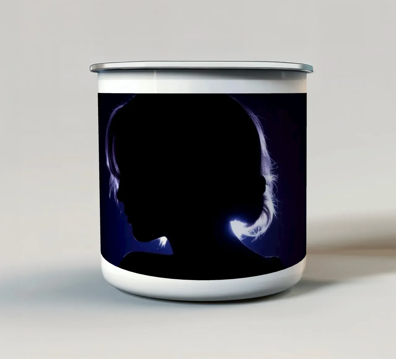 Silhouette of a child against a dark background illuminated enamel mug by DesignDoodle