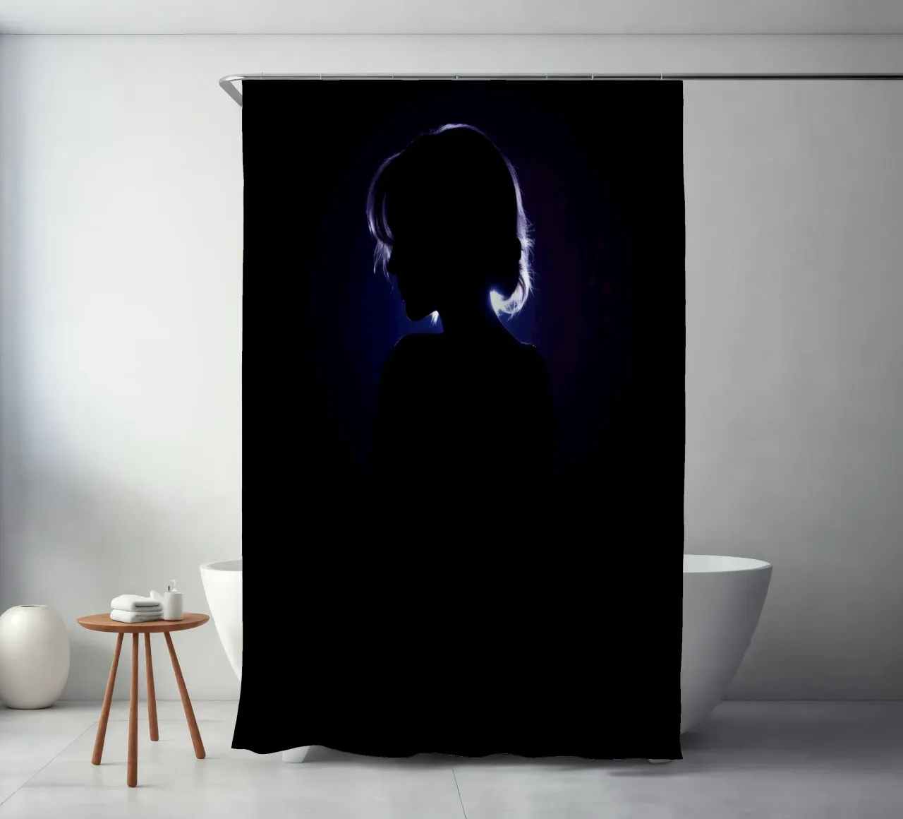 Silhouette of a child against a dark background illuminated shower curtain by DesignDoodle