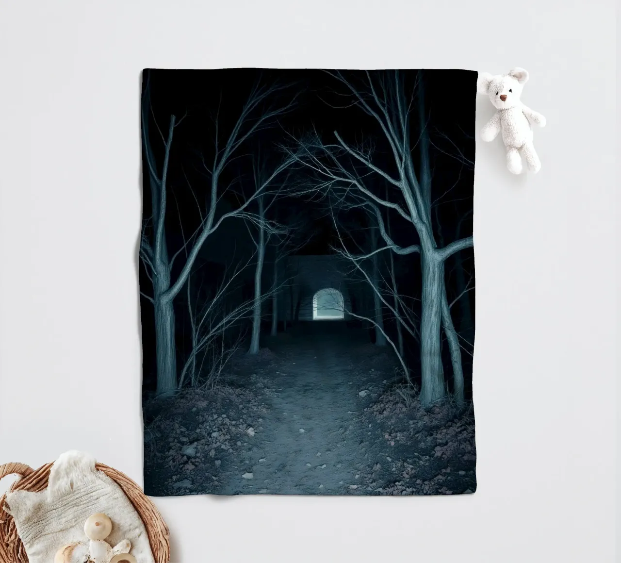 Eerie pathway illuminated by moonlight fleece blanket by DesignDoodle