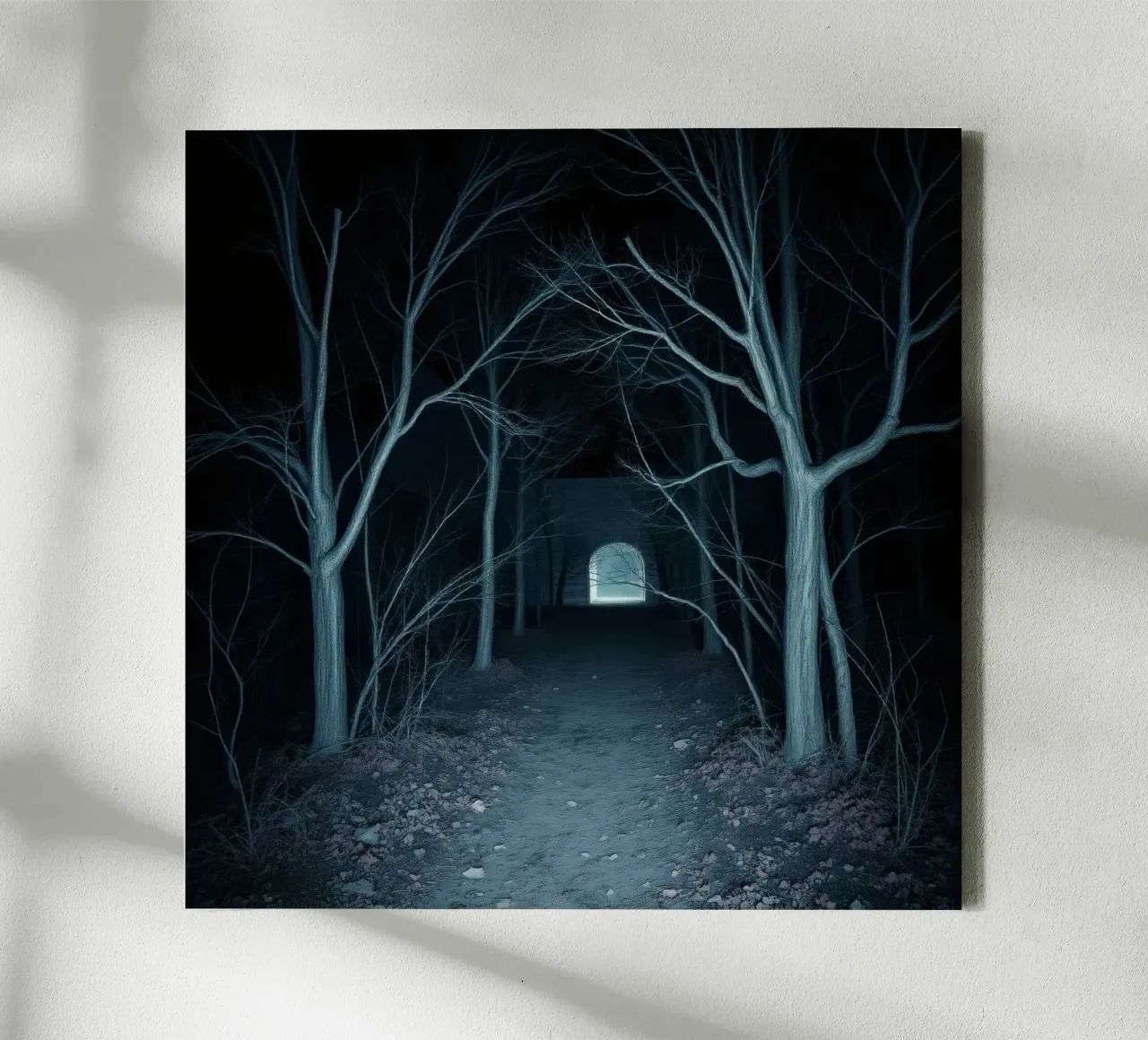 Eerie pathway illuminated by moonlight canvas with Floater frame by DesignDoodle