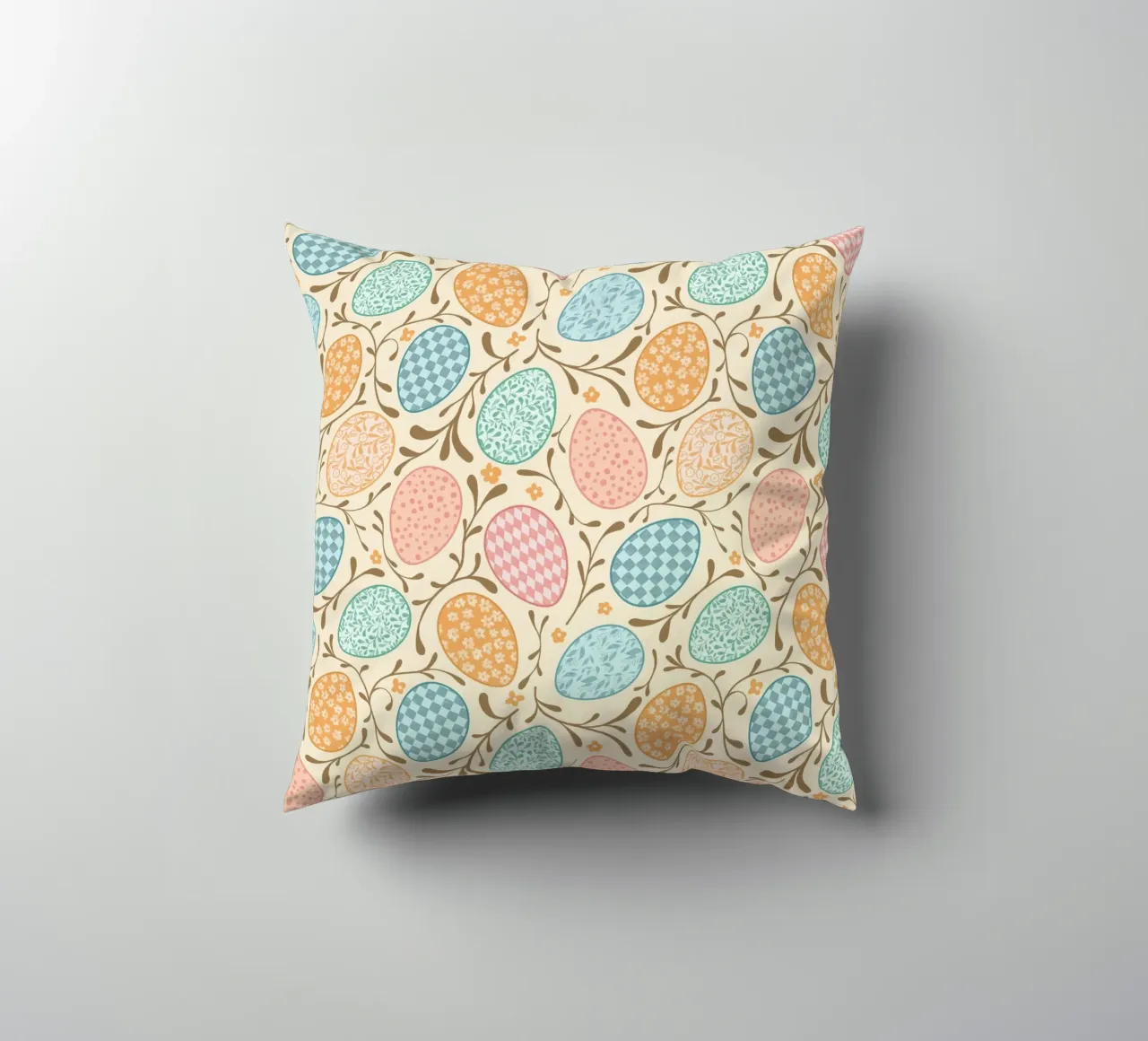 Whimsical Easter Eggs with Floral and Checkered Patterns decorative cushion by CoelfenArt