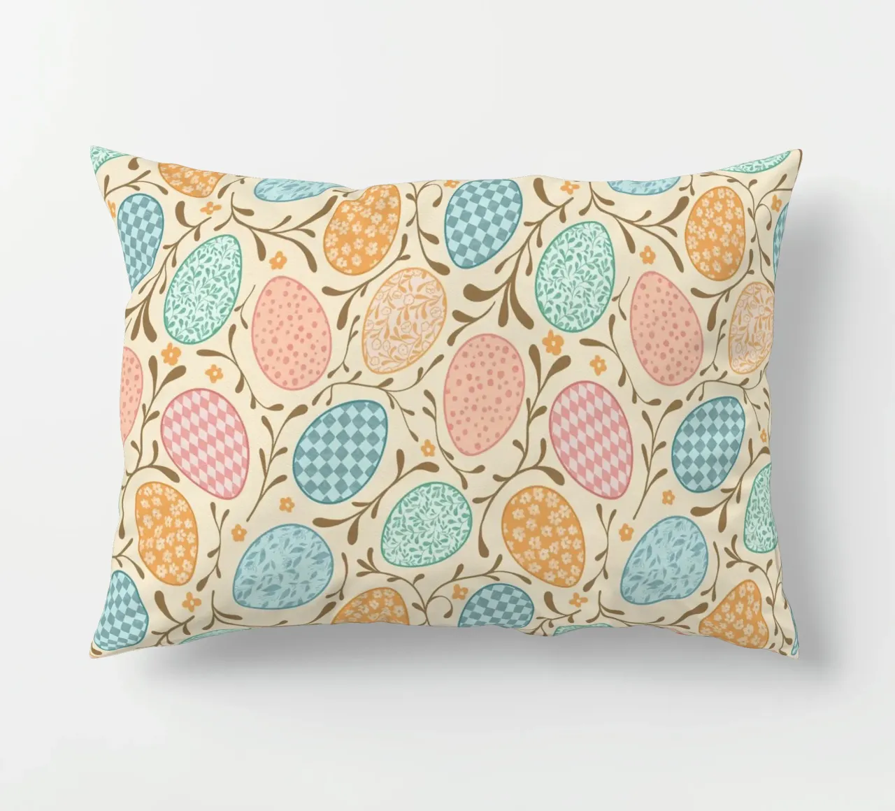 Whimsical Easter Eggs with Floral and Checkered Patterns decorative cushion by CoelfenArt