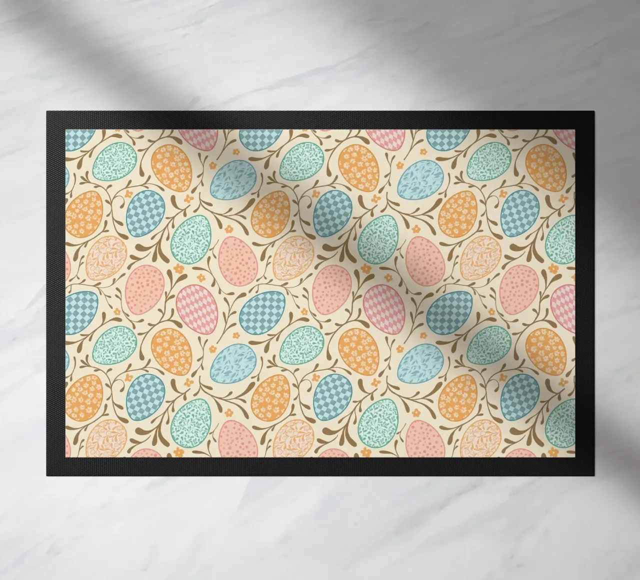 Whimsical Easter Eggs with Floral and Checkered Patterns doormat by CoelfenArt