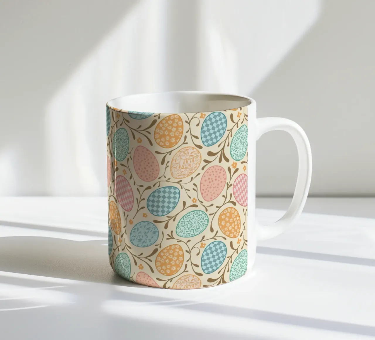 Whimsical Easter Eggs with Floral and Checkered Patterns ceramic mug by CoelfenArt