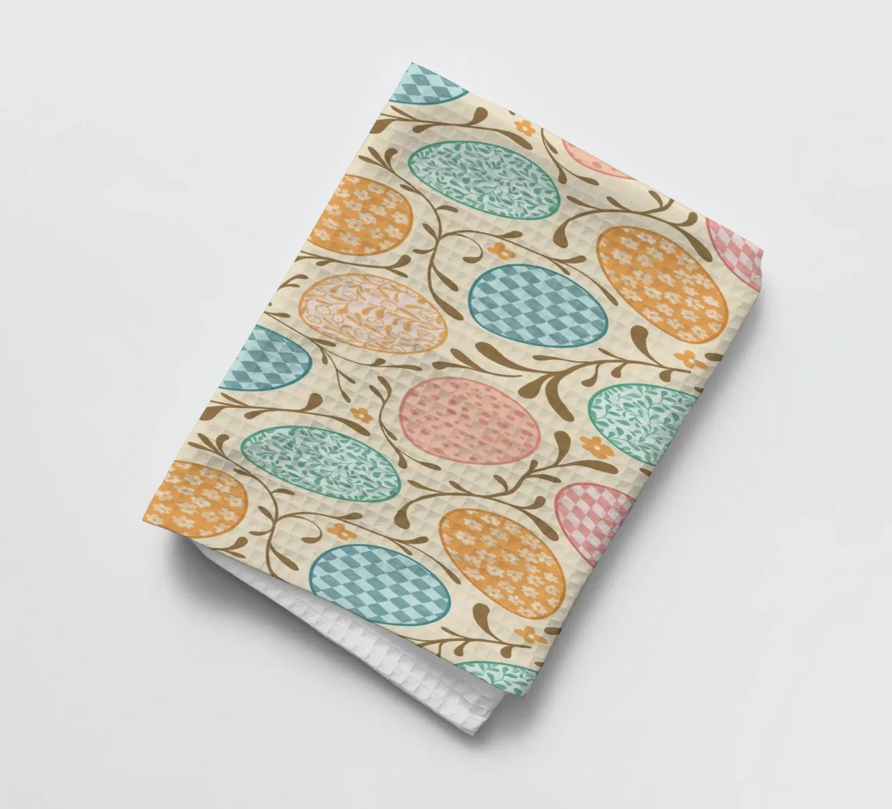 Whimsical Easter Eggs with Floral and Checkered Patterns tea towel by CoelfenArt