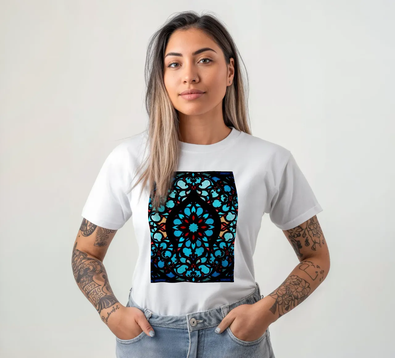 Colorful stained glass artwork featuring intricate floral t-shirt by DesignDoodle