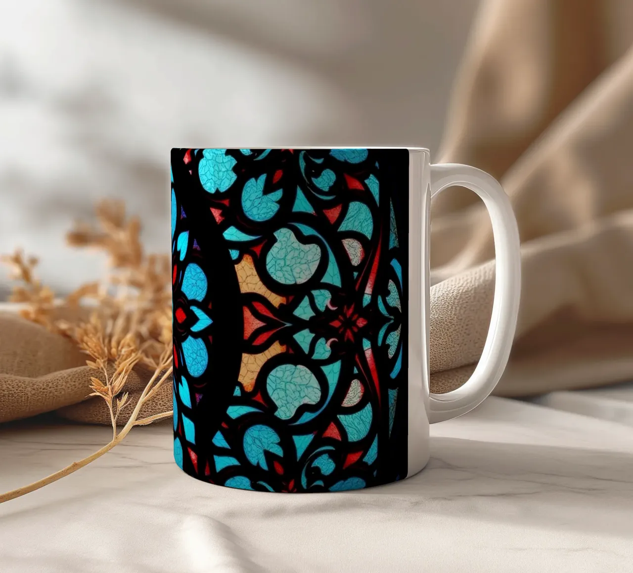Kleurrijk glas-in-lood kunstwerk met ingewikkelde bloemen keramische mok van DesignDoodle