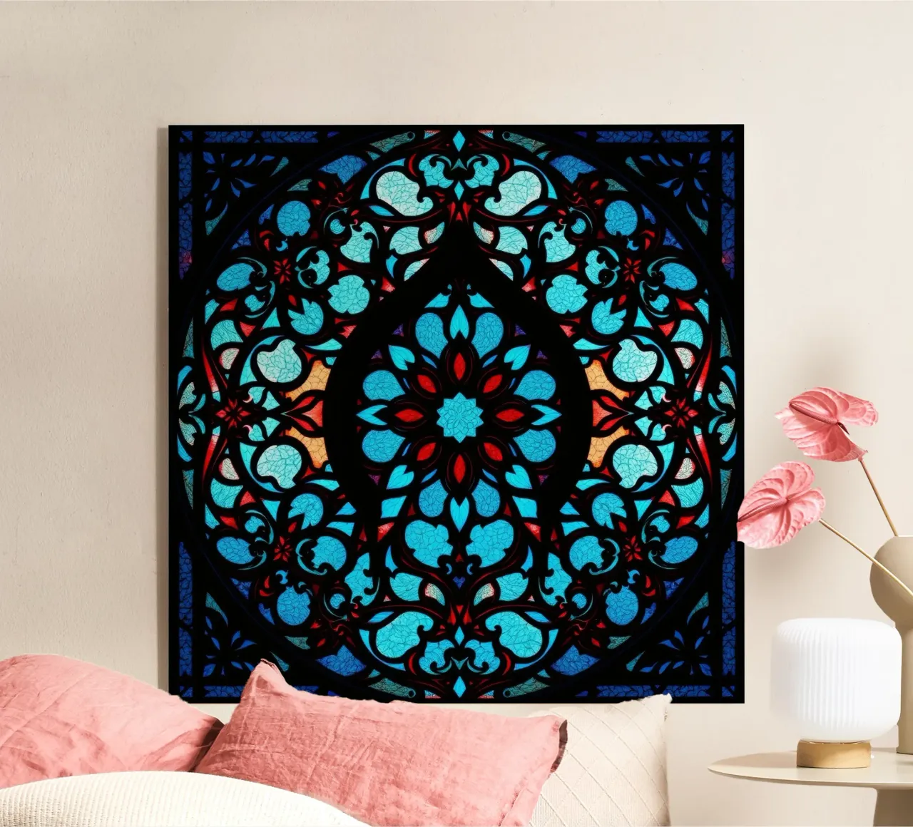 Colorful stained glass artwork featuring intricate floral acrylic glass by DesignDoodle