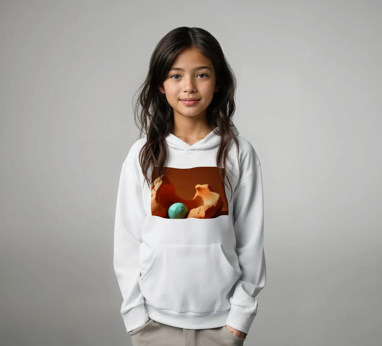 Composizione scultorea di argilla arancione e di una sfera turchese felpa bambino con cappuccio da DesignDoodle