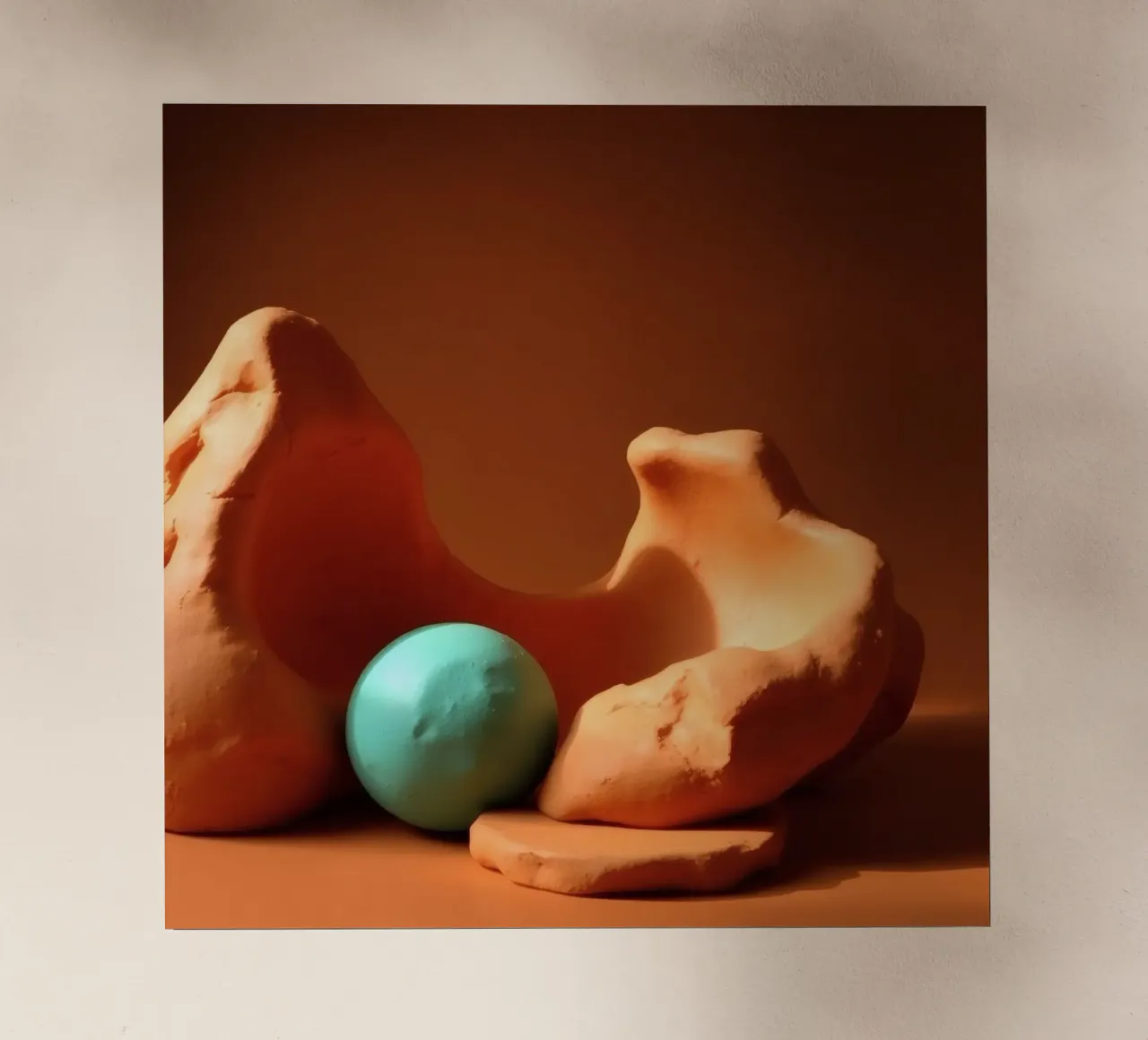 Composizione scultorea di argilla arancione e di una sfera turchese pellicola backlit da DesignDoodle