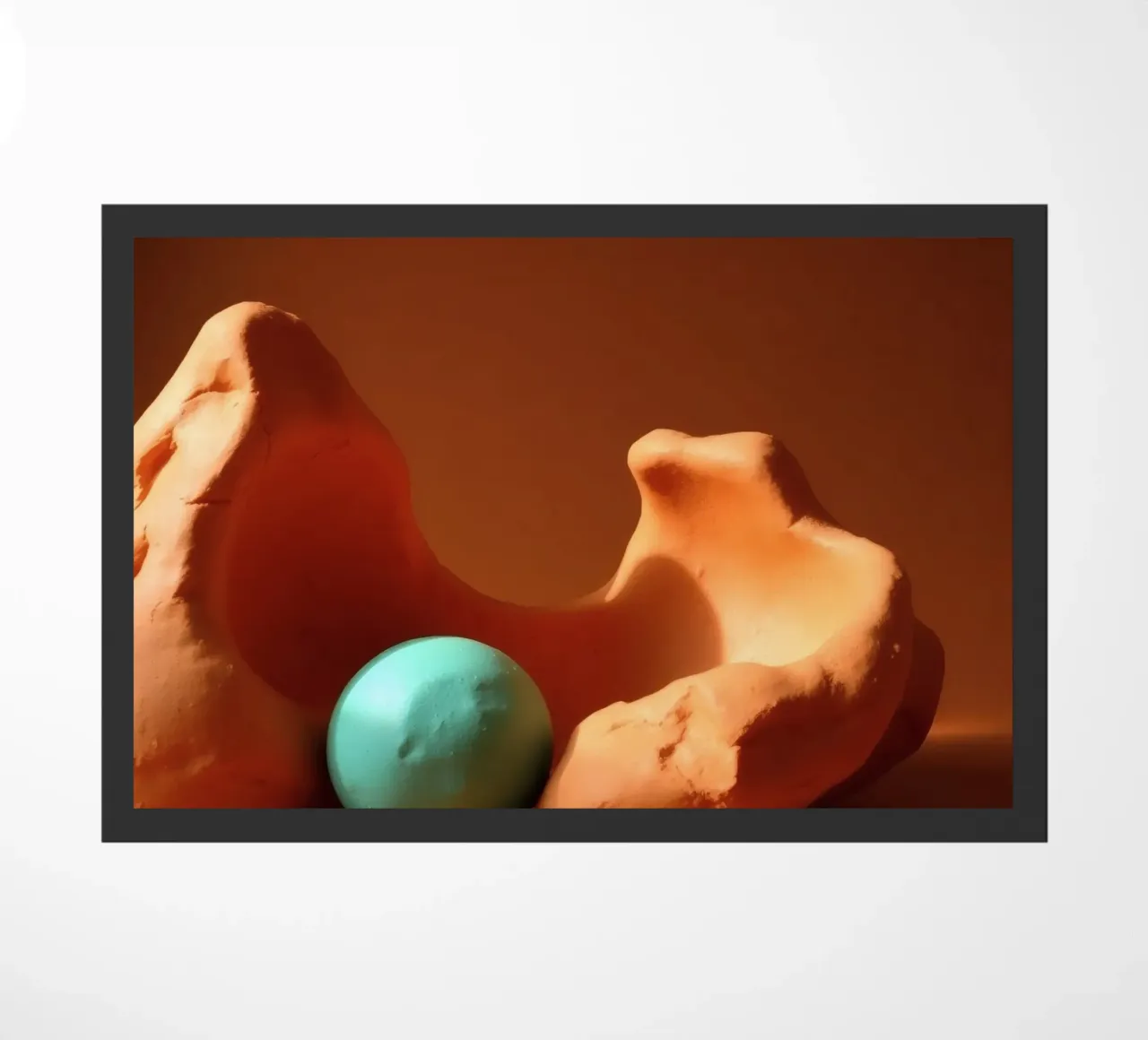 Composizione scultorea di argilla arancione e di una sfera turchese zerbino da DesignDoodle