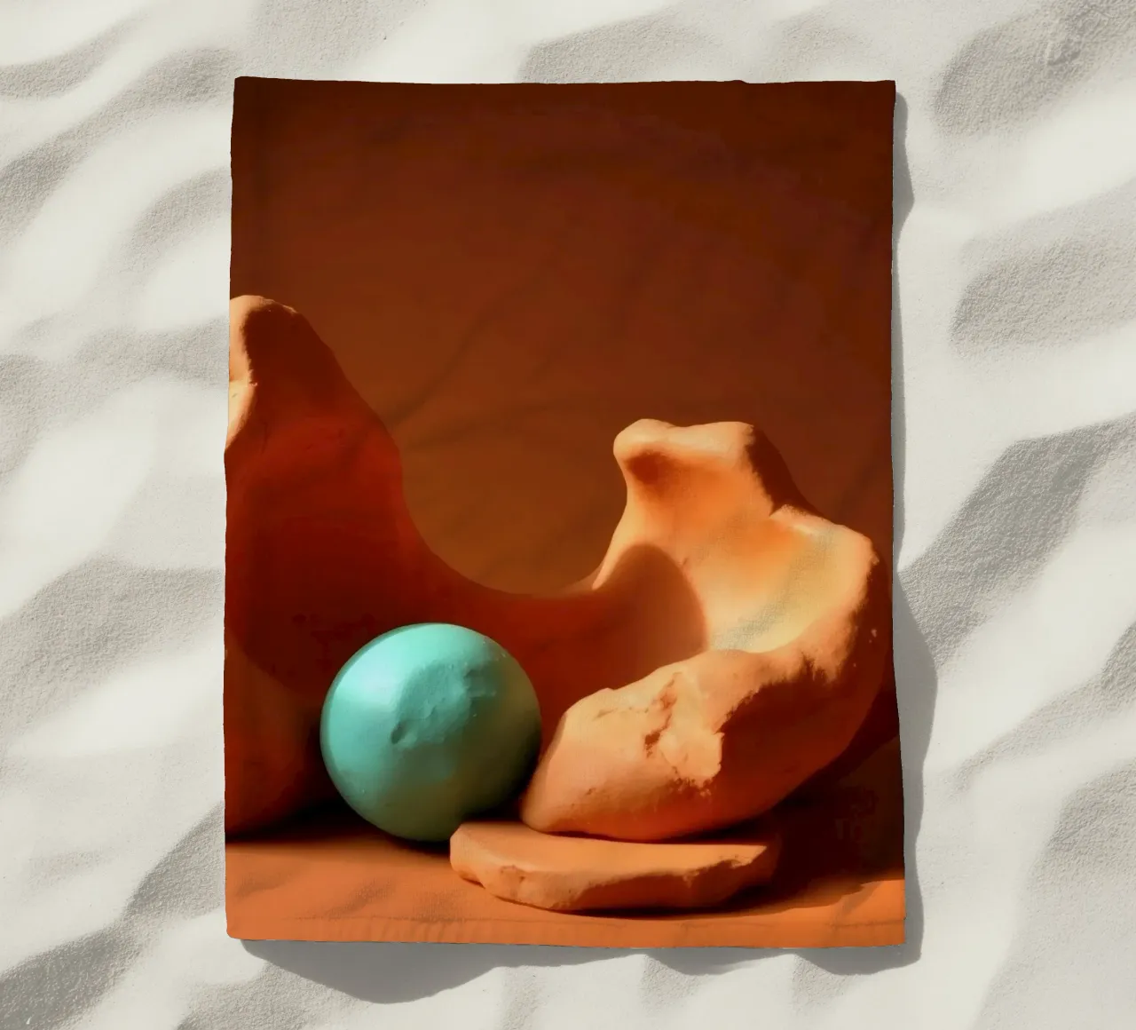 Composizione scultorea di argilla arancione e di una sfera turchese telo mare da DesignDoodle