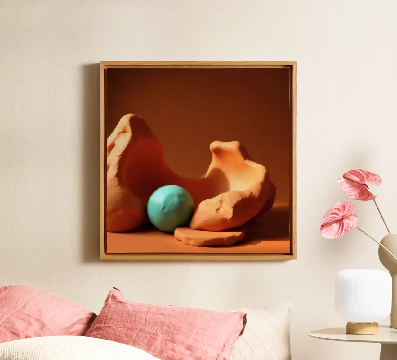 Composizione scultorea di argilla arancione e di una sfera turchese tela da DesignDoodle