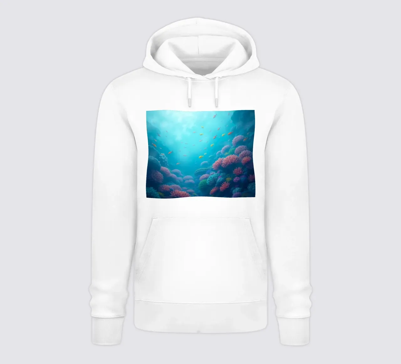 Vibrant underwater coral reef teeming with colorful fish in hoodie by DesignDoodle