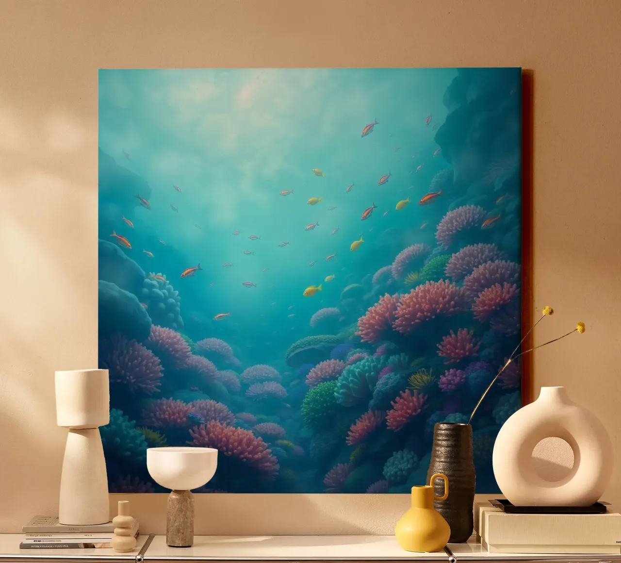 Levendig onderwaterkoraalrif vol kleurrijke vissen in canvas van DesignDoodle