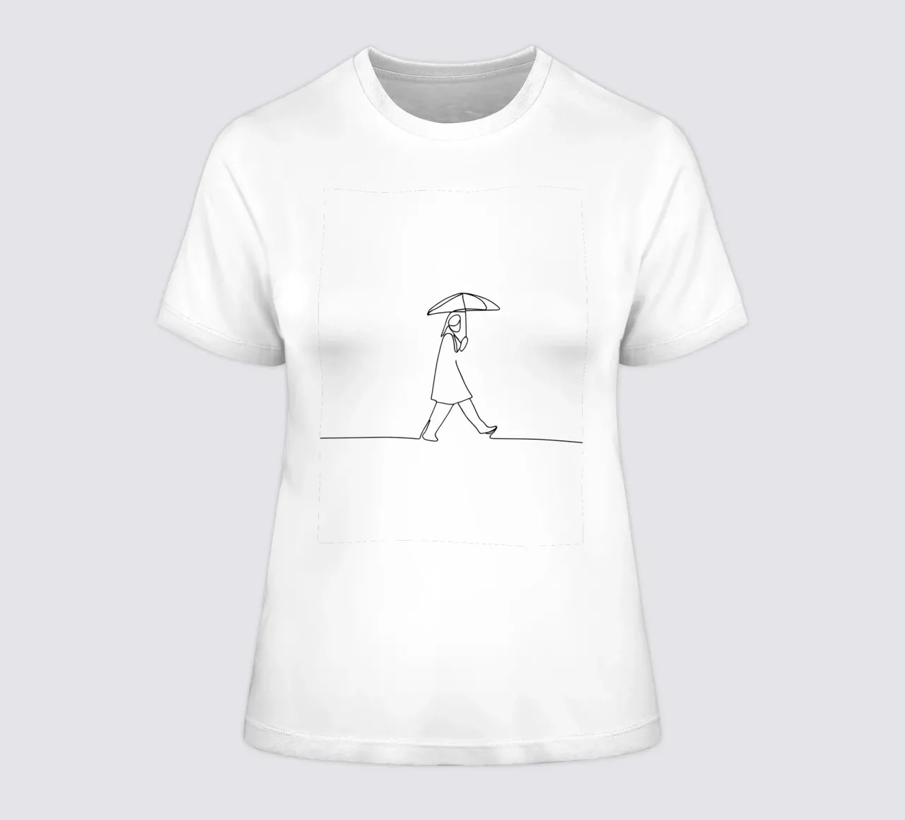 Minimalist One Line Drawing of a Woman Walking with Umbrella women's fitted t-shirt by Viv Line Art