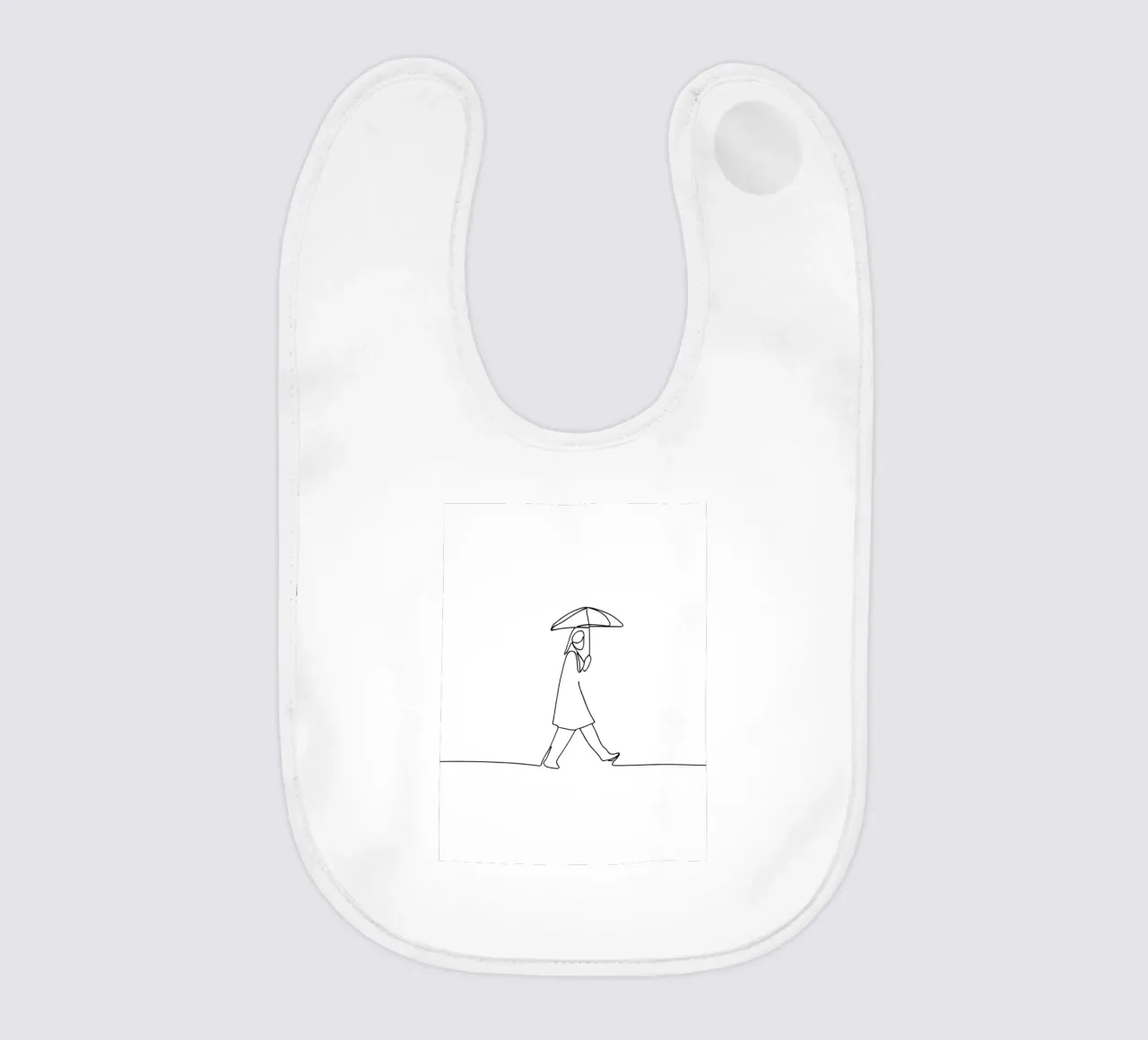 Disegno minimalista a una linea di una donna che cammina con ombrello bavaglino da Viv Line Art