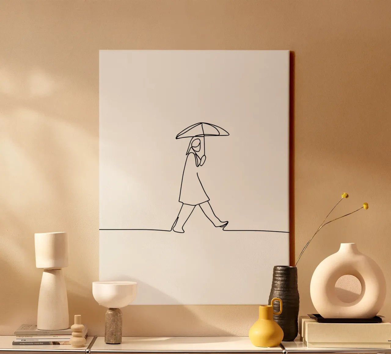 Disegno minimalista a una linea di una donna che cammina con ombrello tela da Viv Line Art