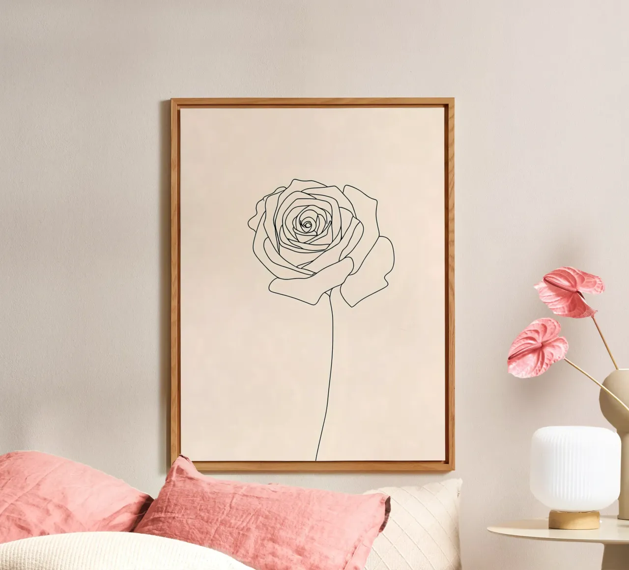 Disegno di linea minimalista di un fiore di rosa - moderno astratto A alluminio dibond da Viv Line Art
