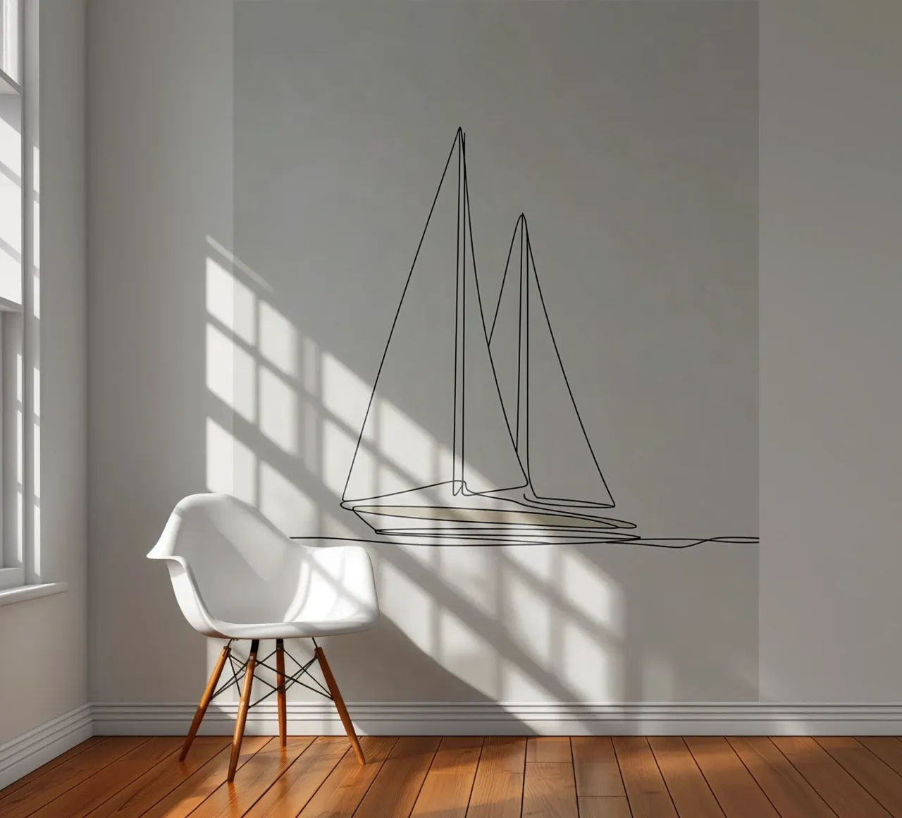 Dessin au trait minimaliste d'un bateau en train de naviguer | Abstrait moderne papier peint photo de Viv Line Art