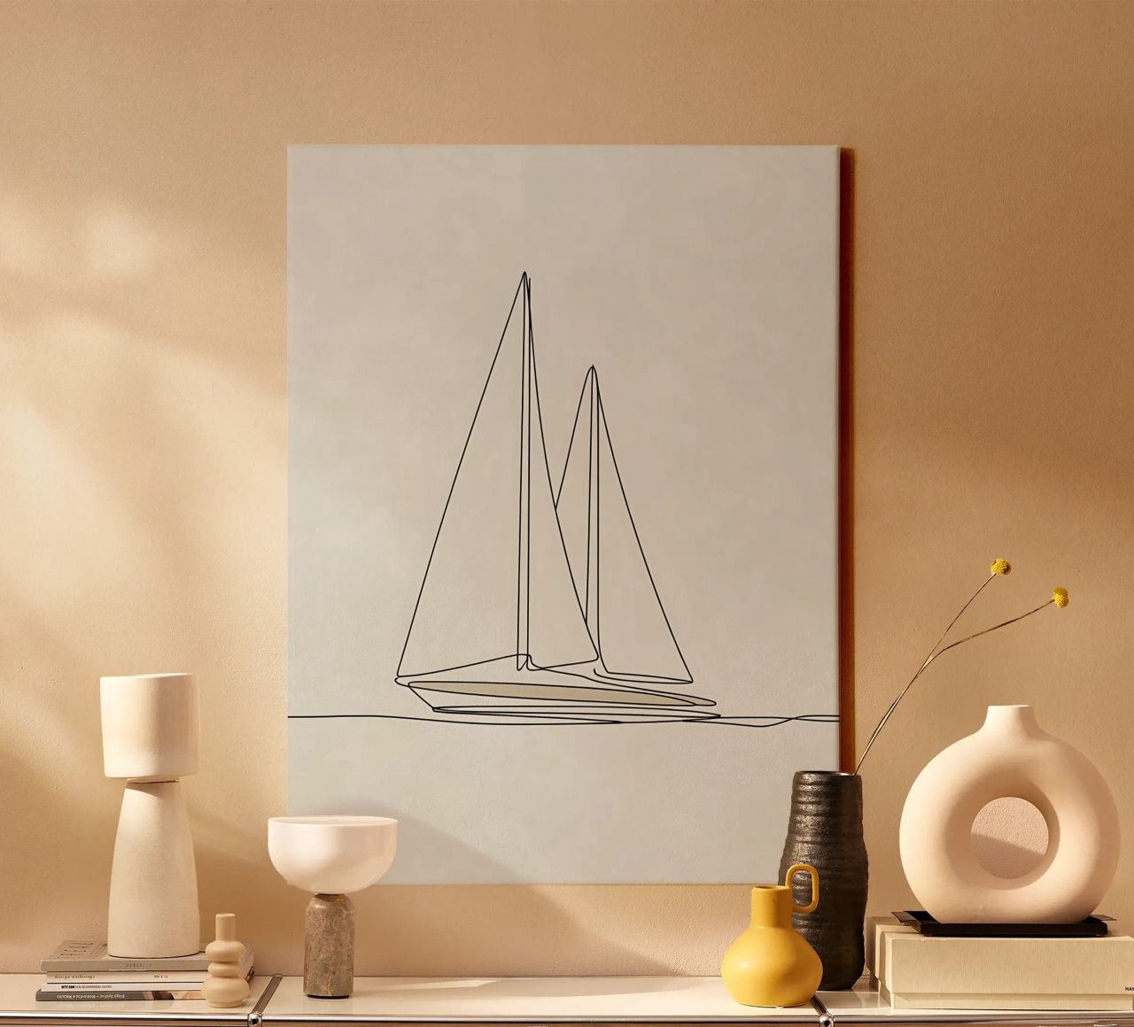 Minimalistische Linienzeichnung eines segelnden Bootes | Modern Abstract Leinwand von Viv Line Art