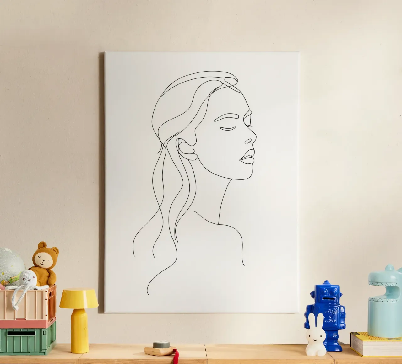 Dibujo lineal minimalista de un retrato de mujer | Modern Ab lienzo con Marco flotante de Viv Line Art