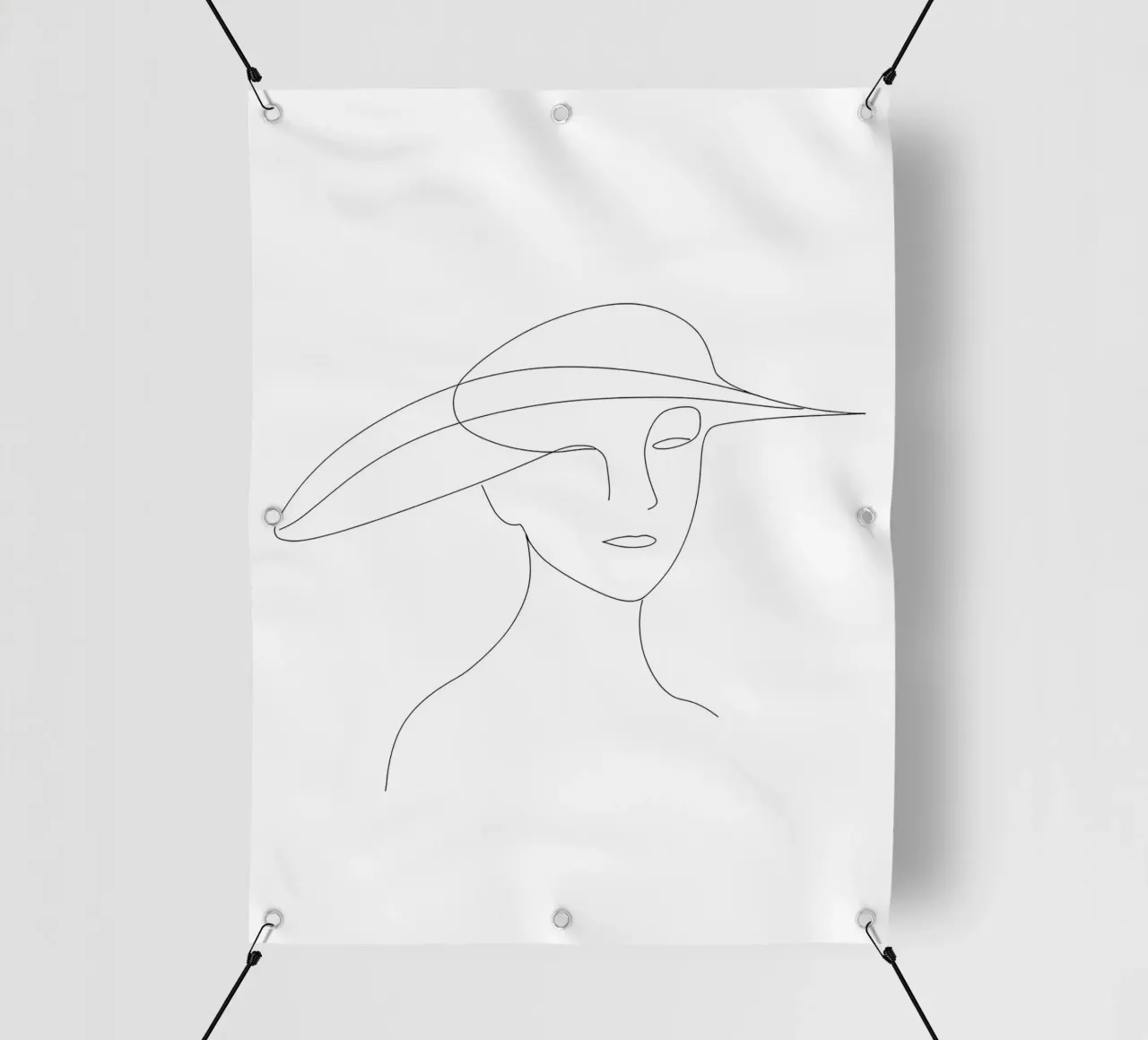Disegno lineare minimalista di una donna con cappello | Modern Abstrac telo in pvc da Viv Line Art