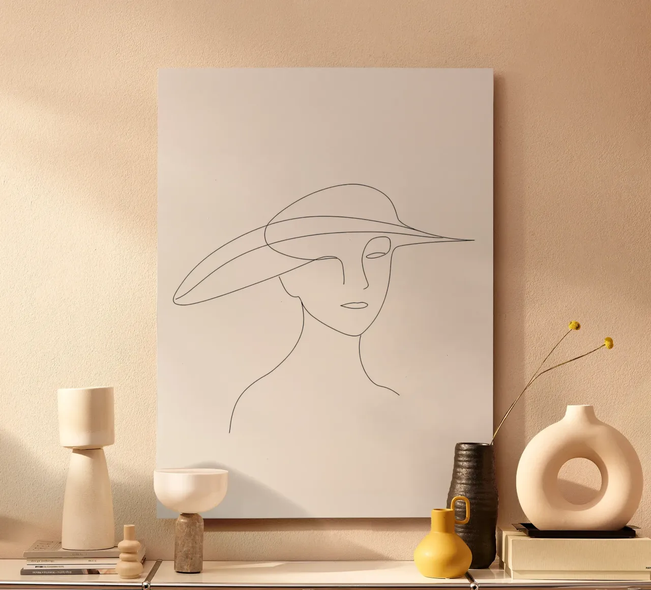Dessin au trait minimaliste d'une femme avec chapeau | Modern Abstrac alu dibond de Viv Line Art