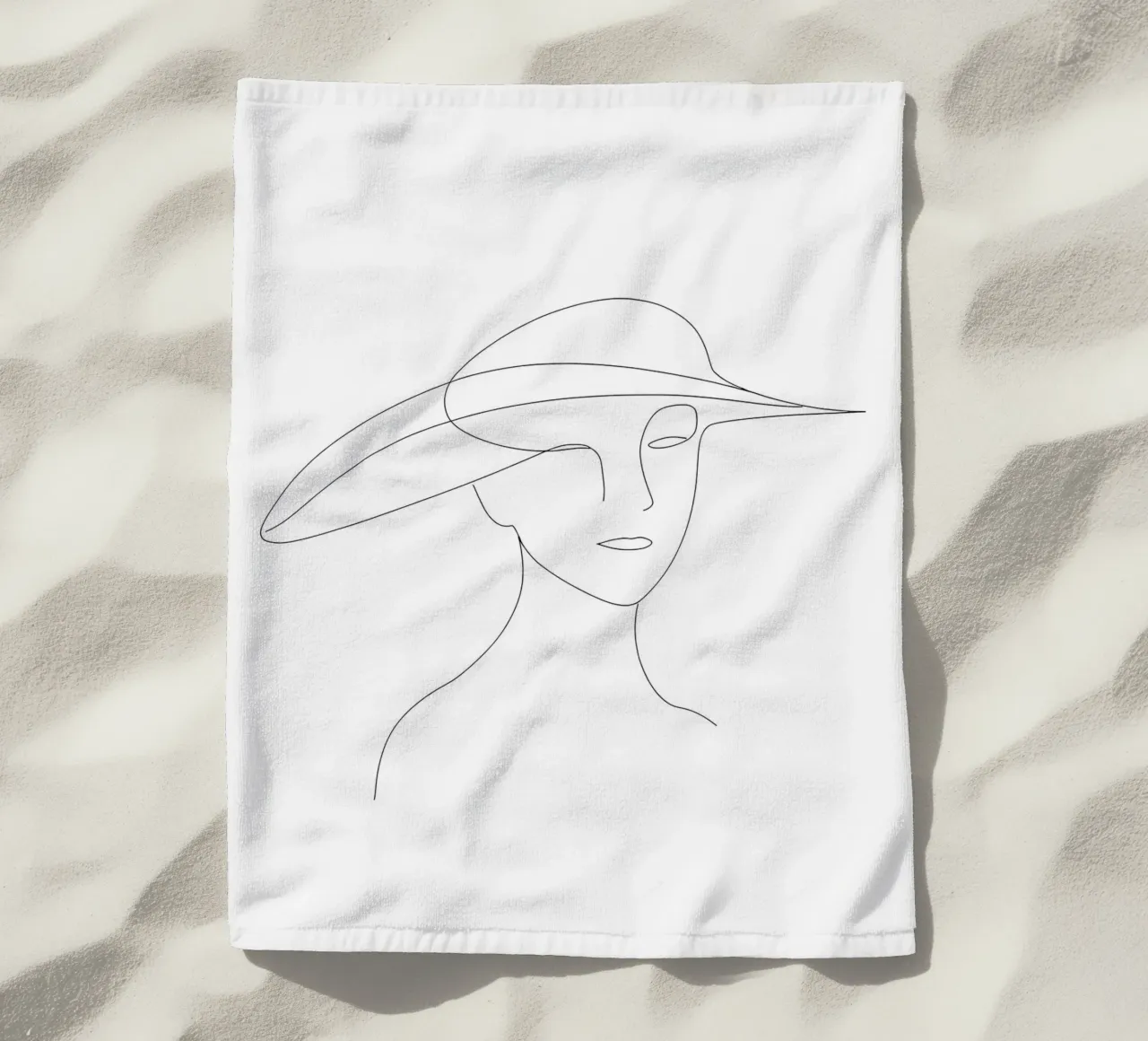 Disegno lineare minimalista di una donna con cappello | Modern Abstrac telo mare da Viv Line Art
