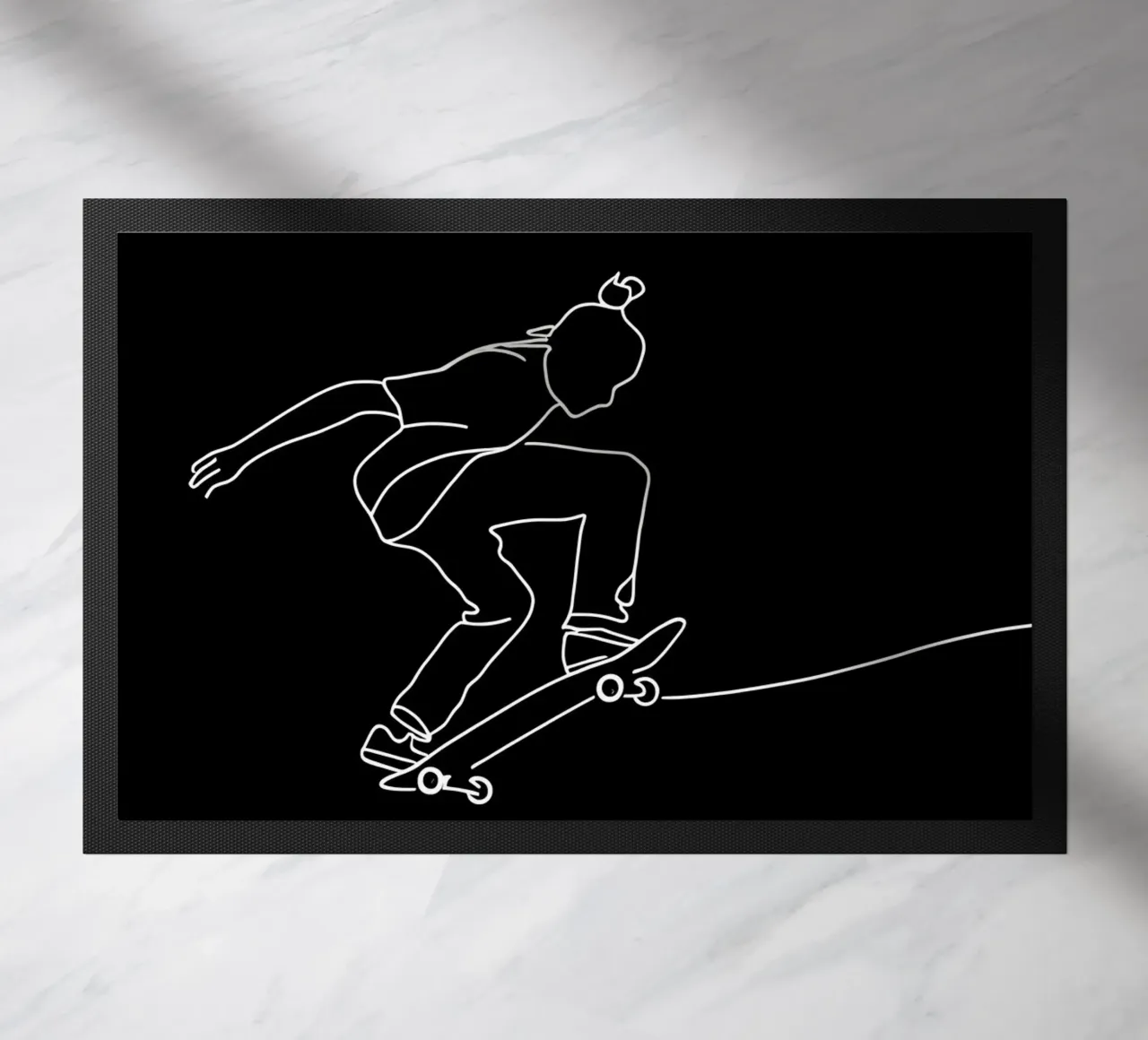 Minimalist Line Drawing of a Skateboarder | Modern Abstract doormat by Viv Line Art