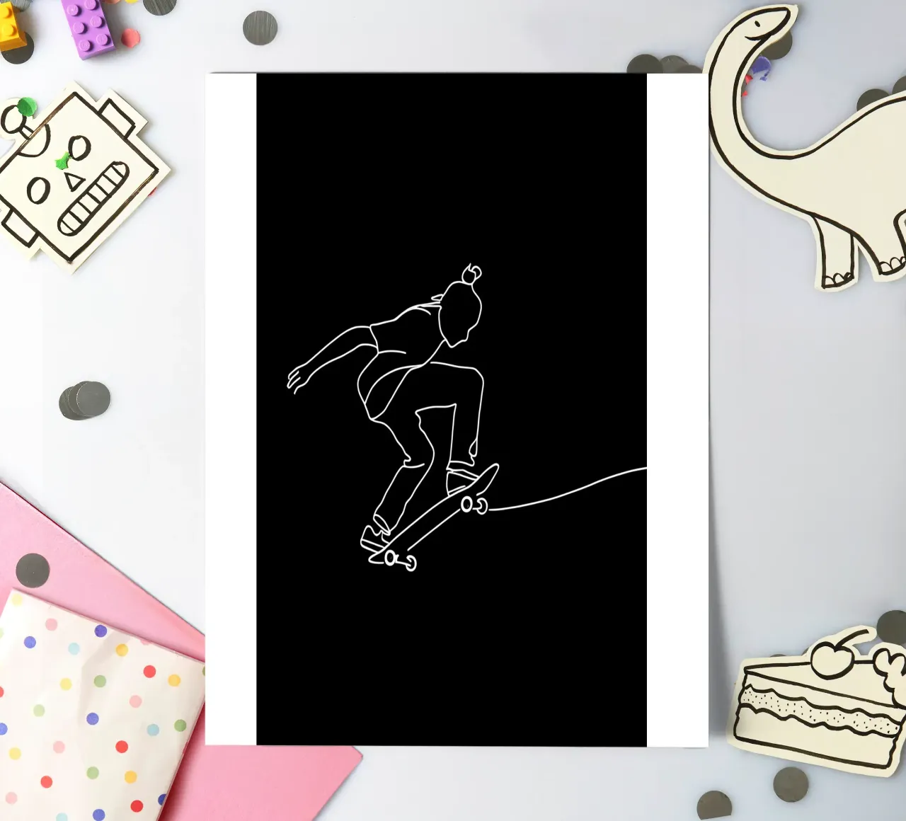 Minimalistische Linienzeichnung eines Skateboarders | Modern Abstract Stickerbogen von Viv Line Art