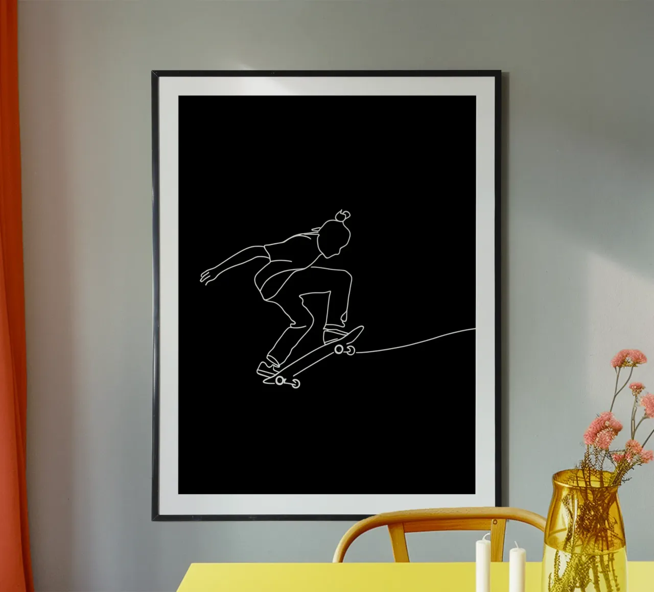Dessin au trait minimaliste d'un skateboarder | Abstrait moderne hahnemühle de Viv Line Art