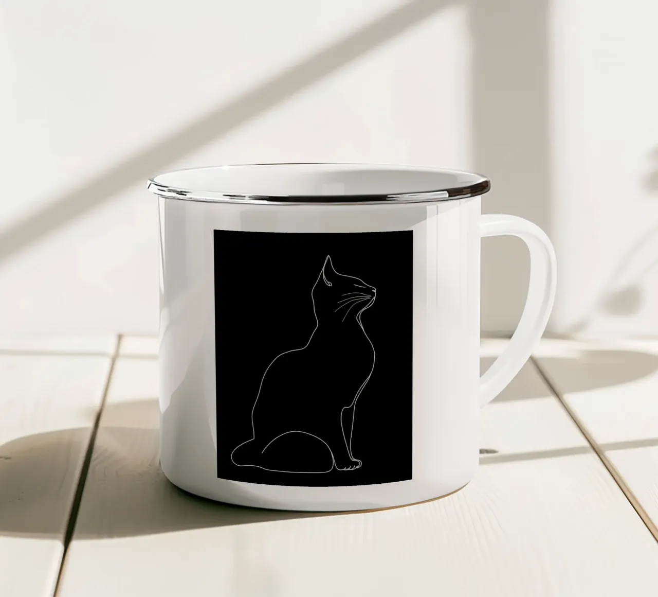 Minimalist Line Drawing of a Cat Sitting | Modern Abstract A enamel mug by Viv Line Art