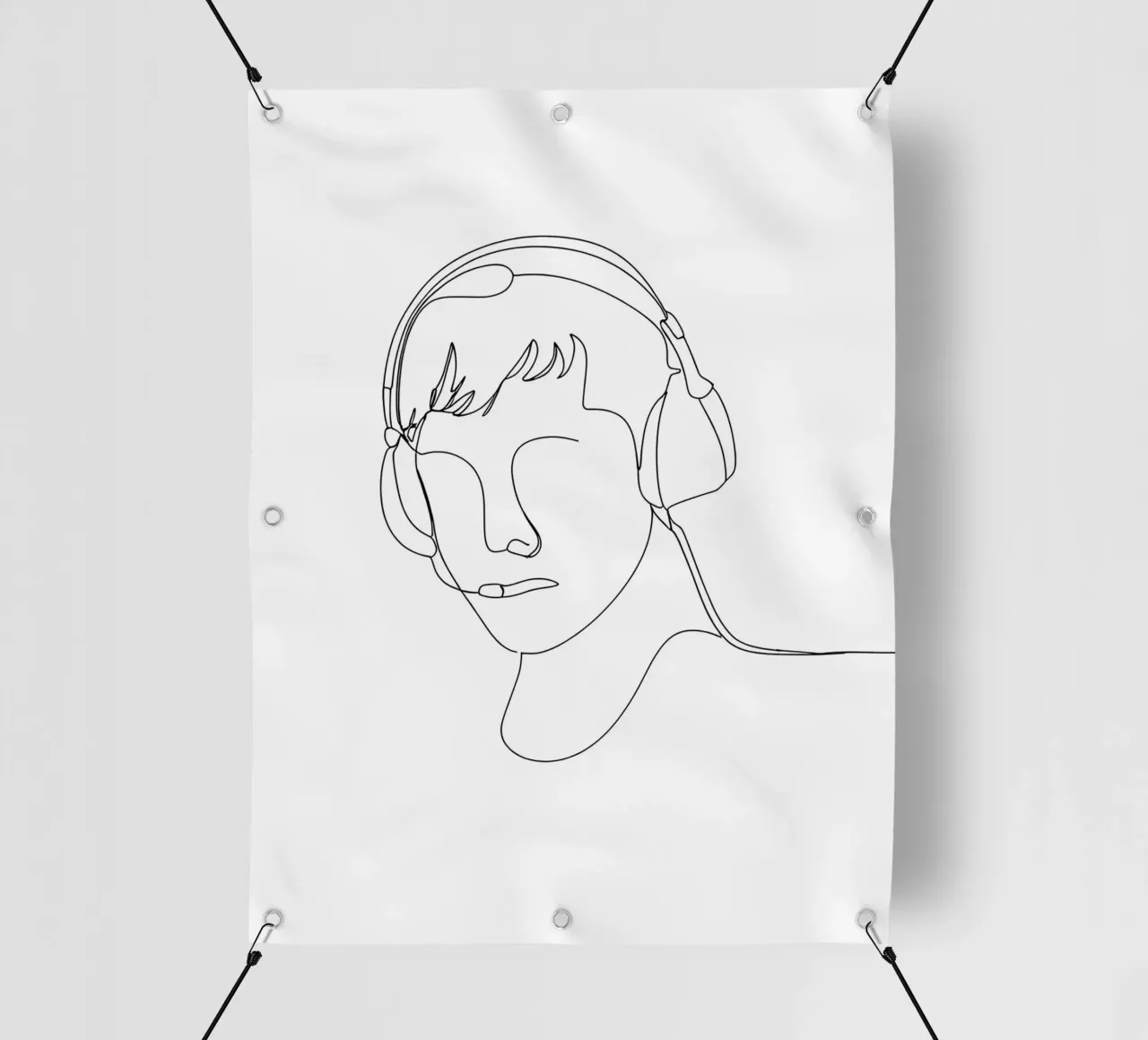 Disegno di linea minimalista di un uomo con le cuffie | Moderno Ab telo in pvc da Viv Line Art