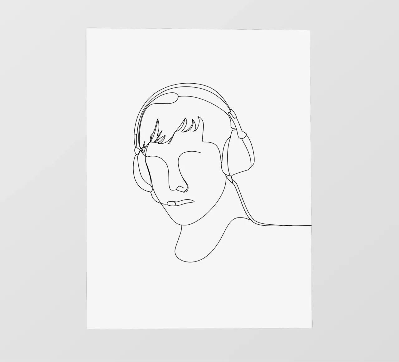 Disegno di linea minimalista di un uomo con le cuffie | Moderno Ab telo in pvc da Viv Line Art