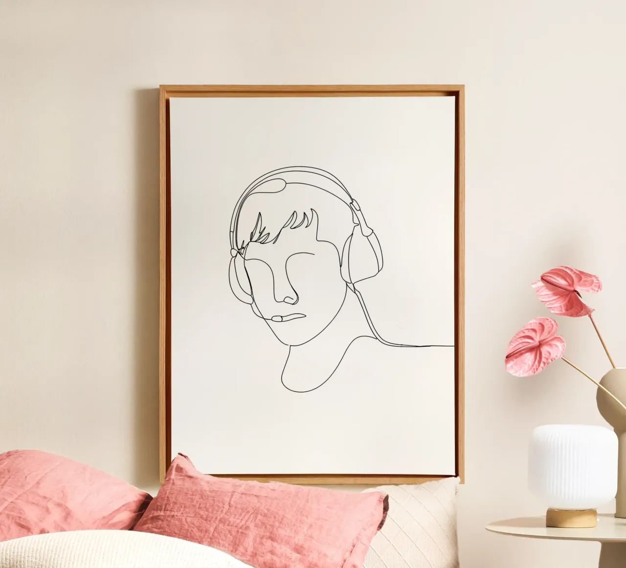 Minimalist Line Drawing of a Man with Headphones | Modern Ab canvas with Floater frame by Viv Line Art