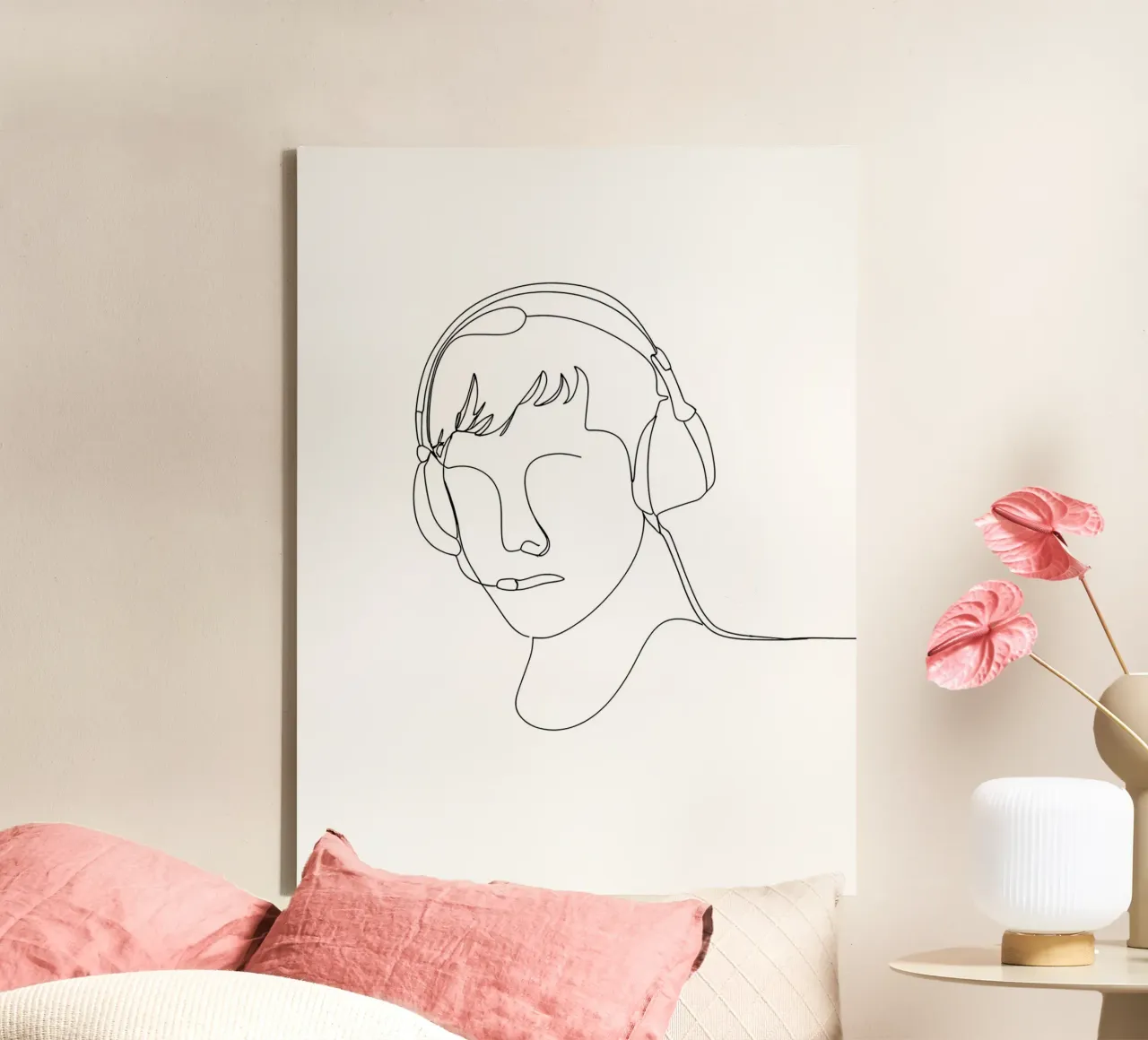 Minimalist Line Drawing of a Man with Headphones | Modern Ab canvas with Floater frame by Viv Line Art