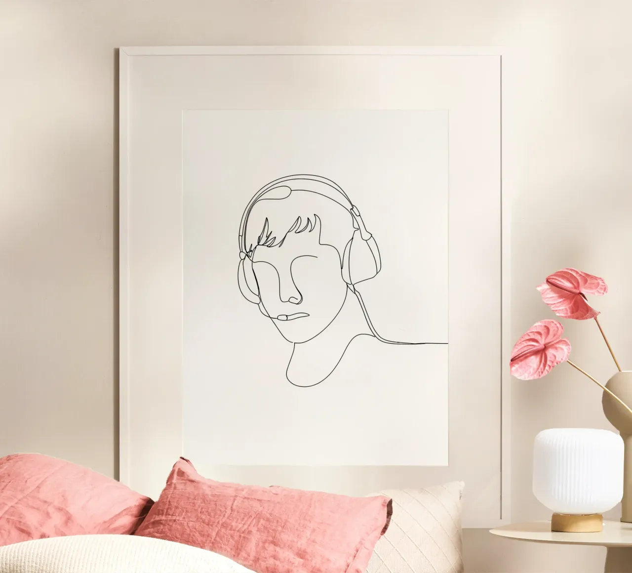 Disegno di linea minimalista di un uomo con le cuffie | Moderno Ab poster da Viv Line Art