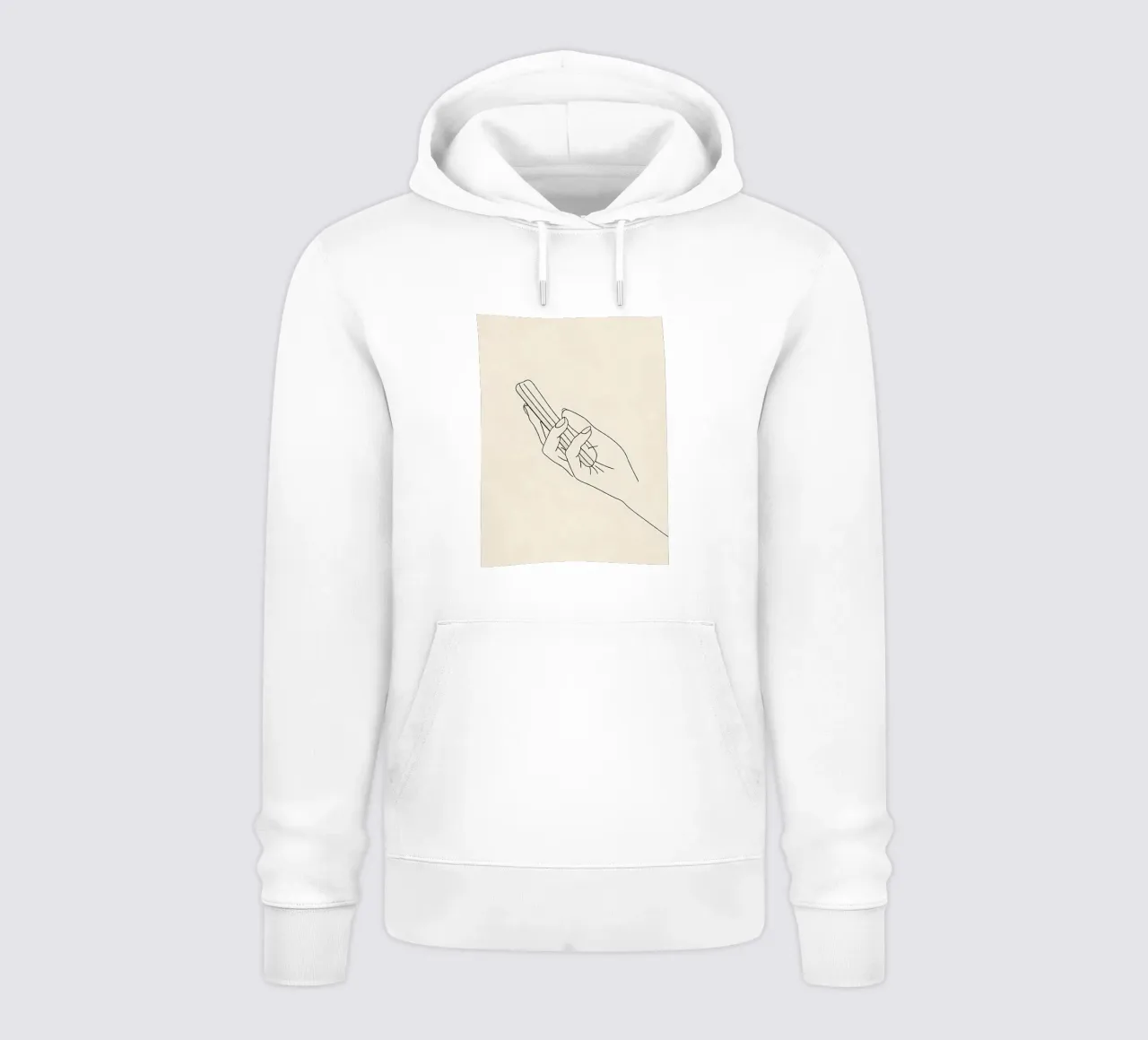 Disegno di linea minimalista di una mano che tiene un cellulare | Modalità felpa con cappuccio da Viv Line Art