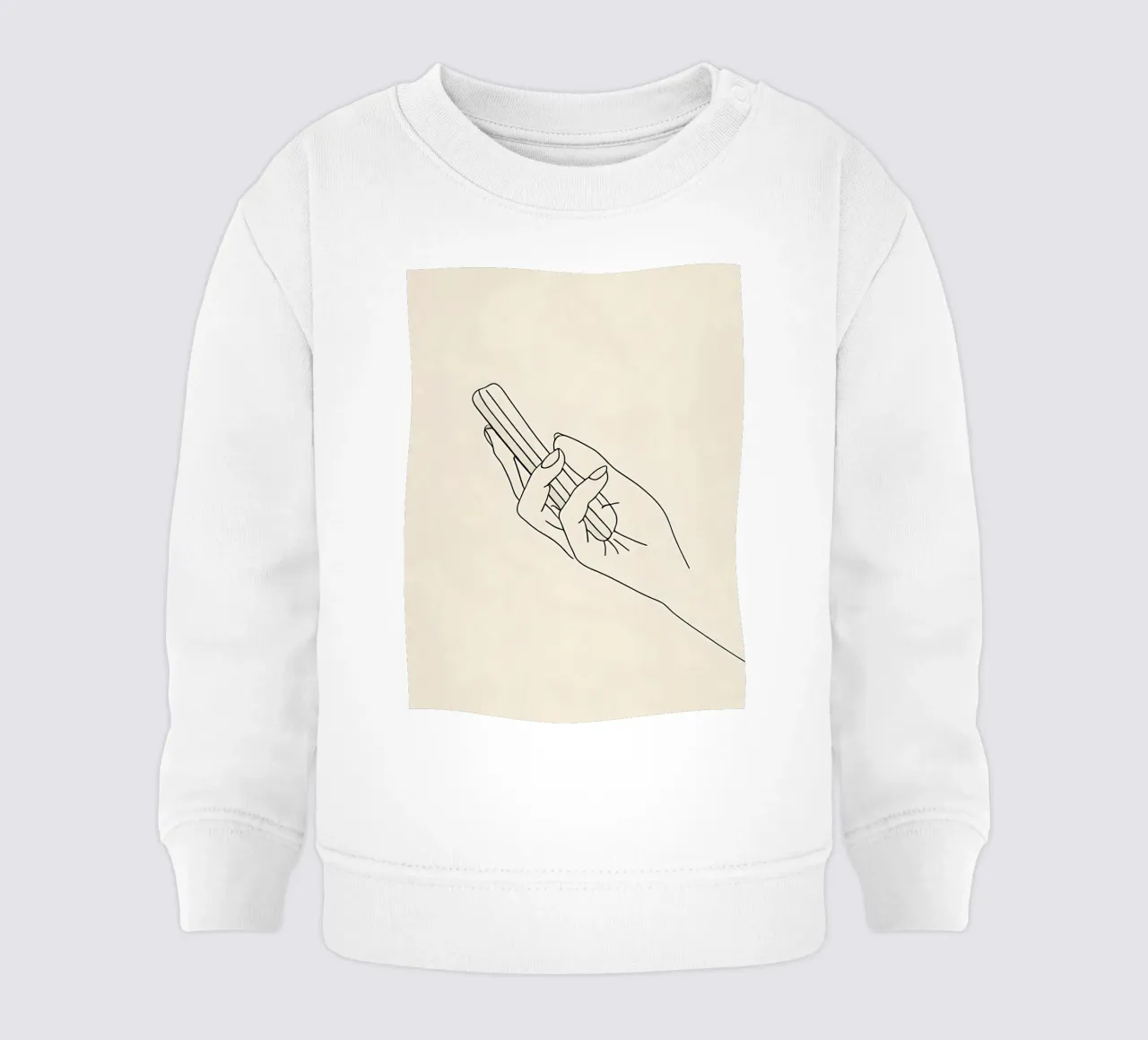 Disegno di linea minimalista di una mano che tiene un cellulare | Modalità felpa neonato da Viv Line Art