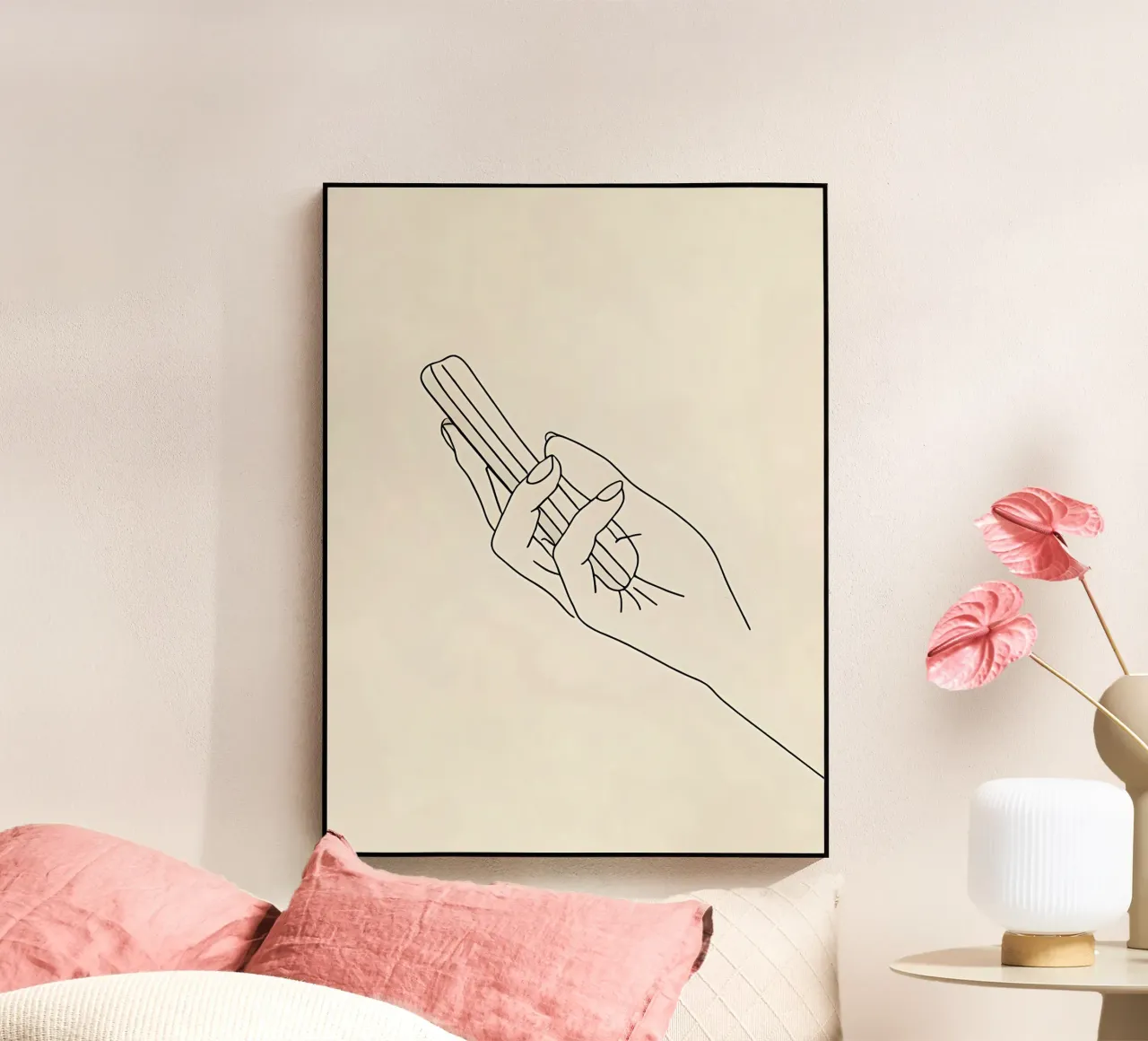 Disegno di linea minimalista di una mano che tiene un cellulare | Modalità plexiglass da Viv Line Art