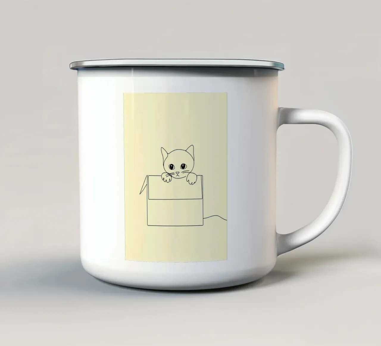 Minimalist Line Drawing of a Cat in a Box | Modern Abstract enamel mug by Viv Line Art