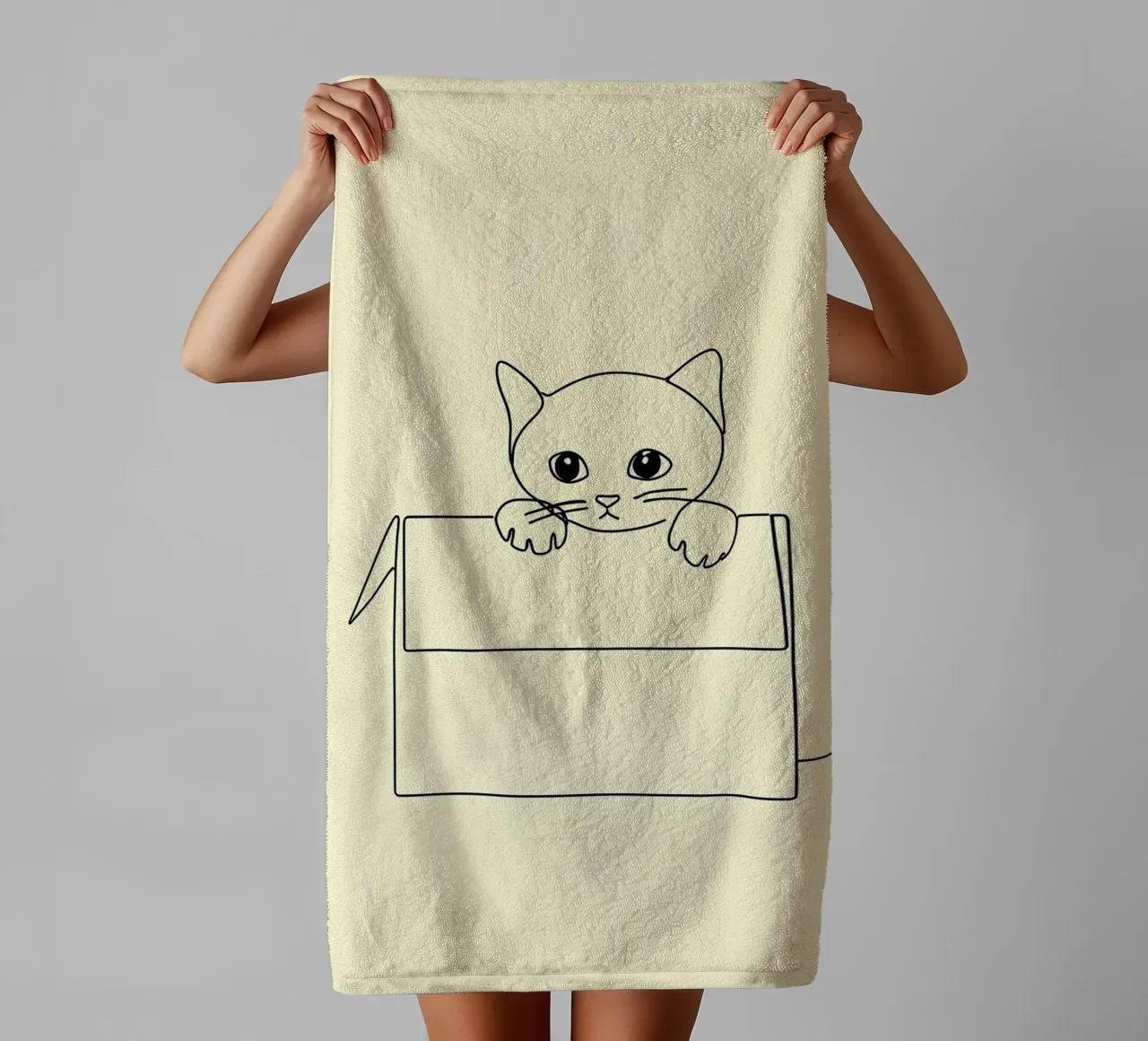 Minimalist Line Drawing of a Cat in a Box | Modern Abstract towel by Viv Line Art