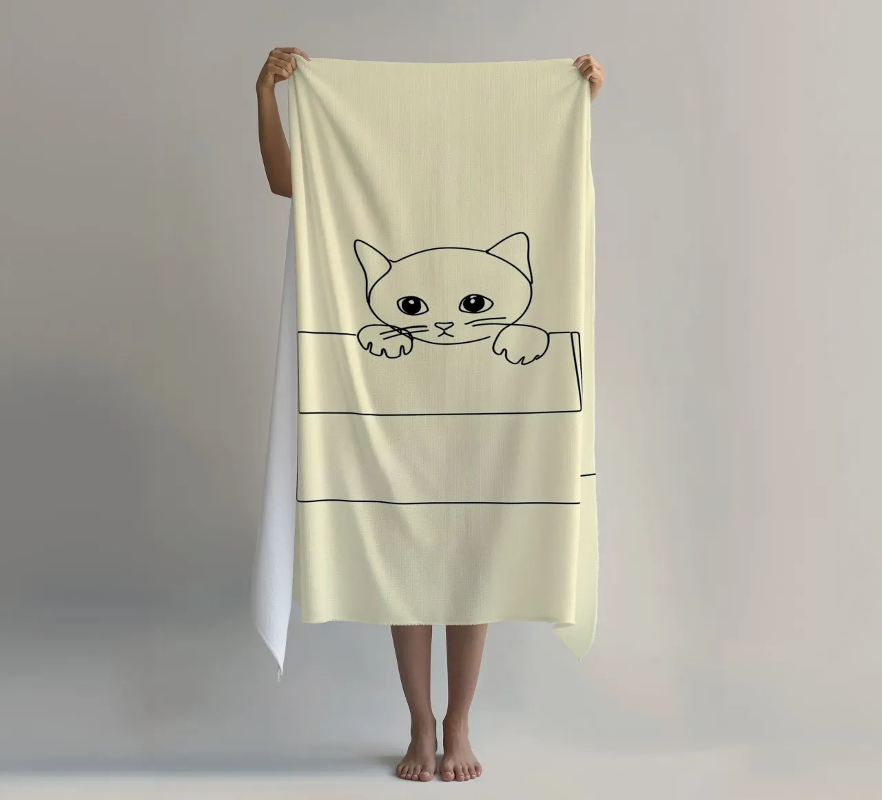 Minimalist Line Drawing of a Cat in a Box | Modern Abstract beach towel by Viv Line Art