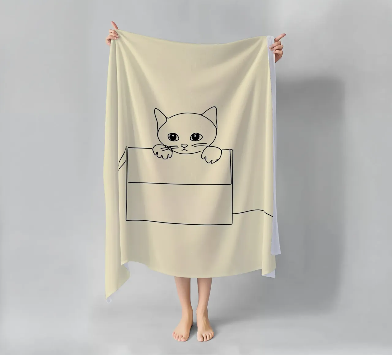 Minimalist Line Drawing of a Cat in a Box | Modern Abstract beach towel by Viv Line Art