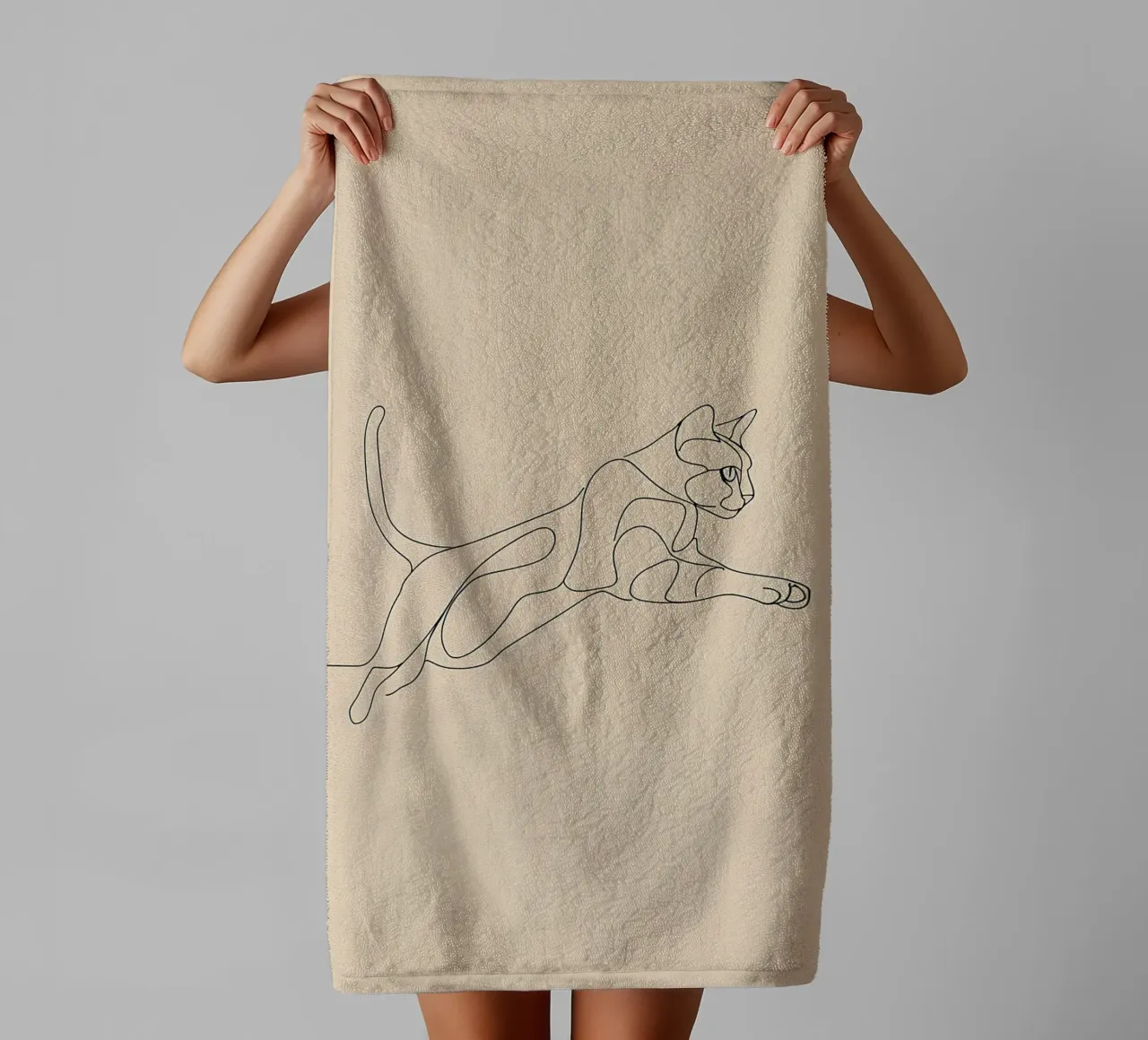 Minimalist Line Drawing of a Cat in Flight | Modern Abstract towel by Viv Line Art