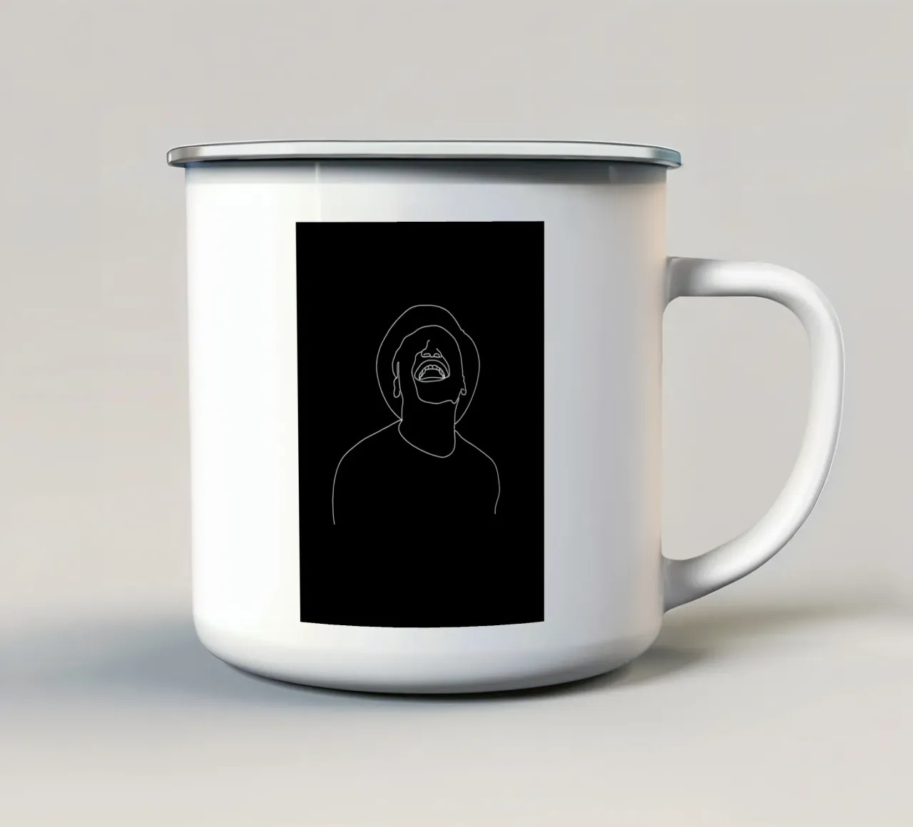 Minimalistische lijntekening van een lachende man | Modern abstract emaille mok van Viv Line Art