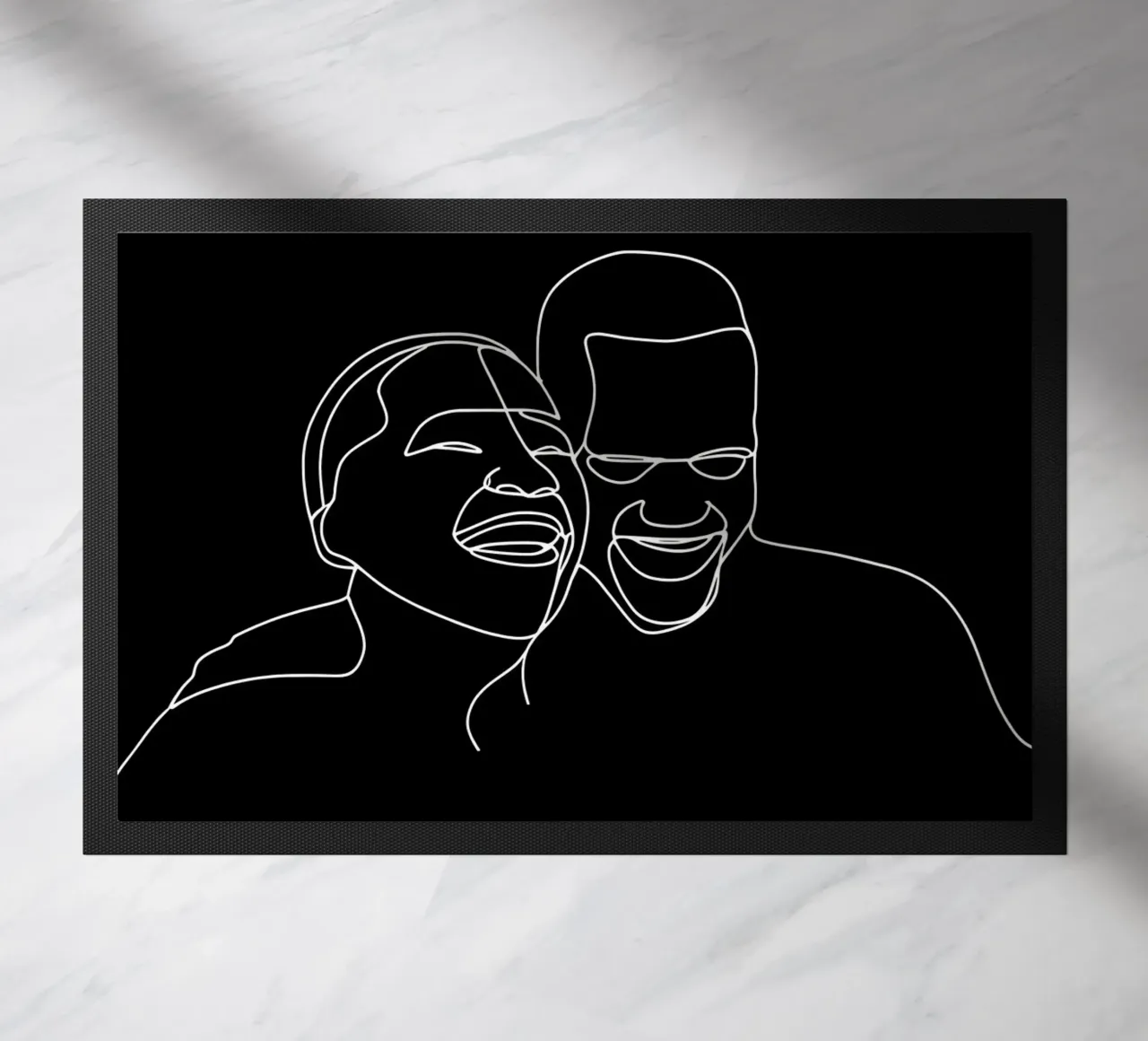 Minimalist Line Drawing of Two Men Laughing | Modern Abstrac doormat by Viv Line Art