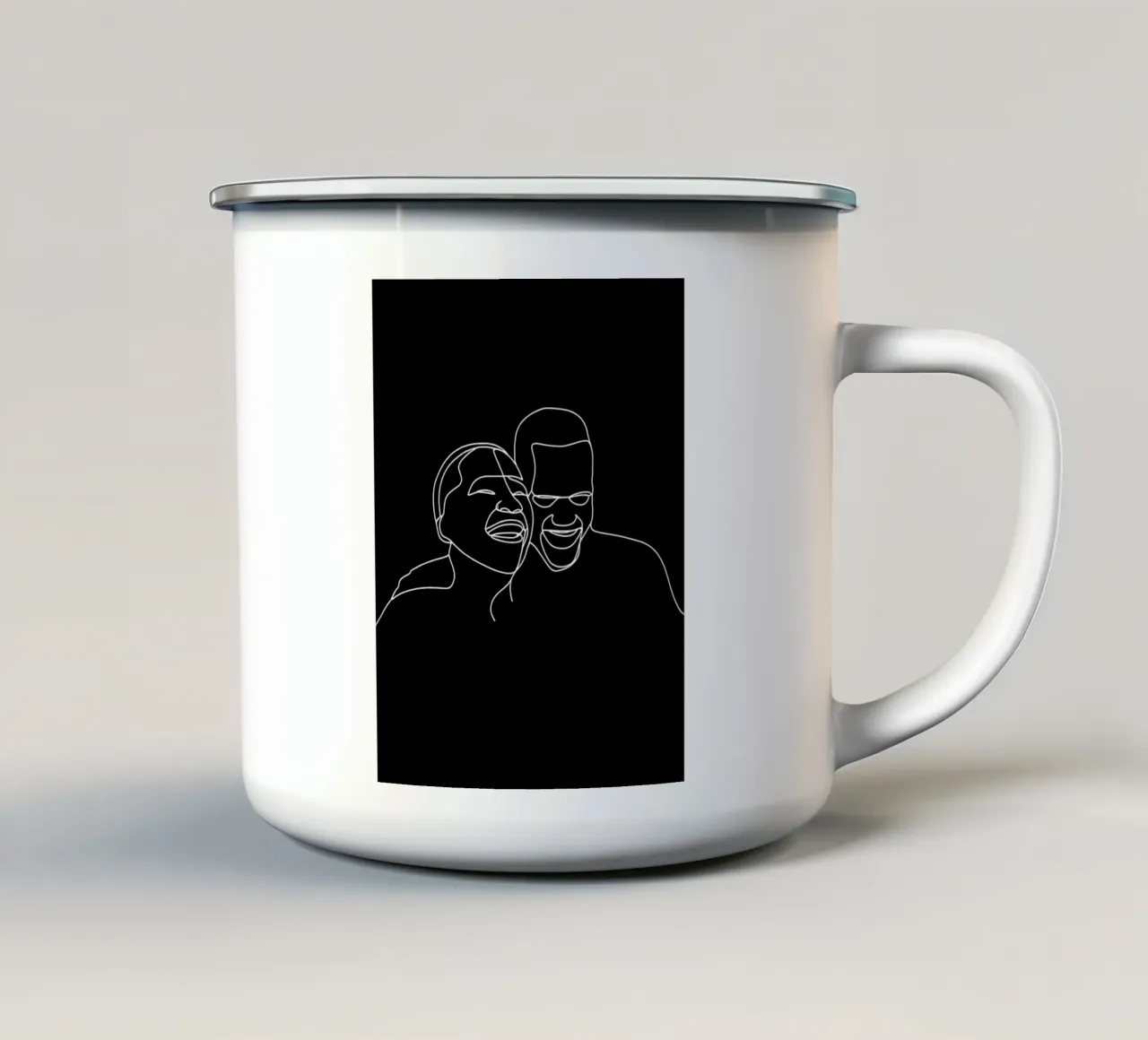 Disegno lineare minimalista di due uomini che ridono | Astrazione moderna tazza in smalto da Viv Line Art