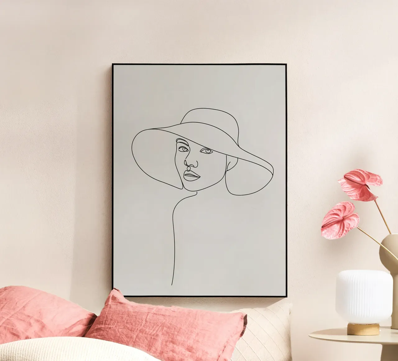 Dessin au trait minimaliste d'une femme avec un chapeau | Modern Abstrac plexiglas de Viv Line Art